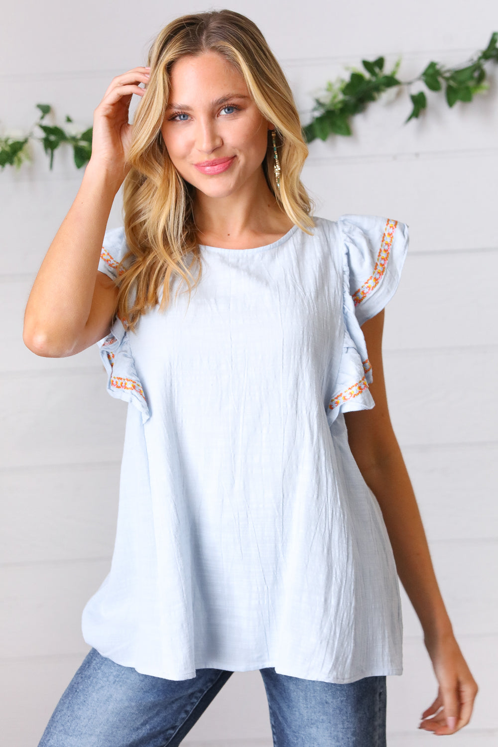 Chambray Embroidered Flutter Sleeve Top - Charming Charlie