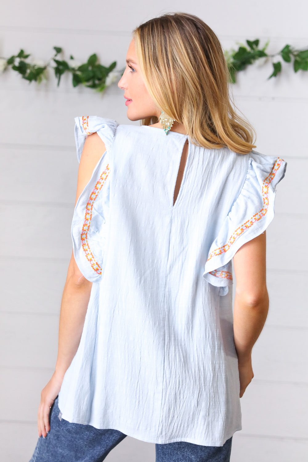 Chambray Embroidered Flutter Sleeve Top - Charming Charlie