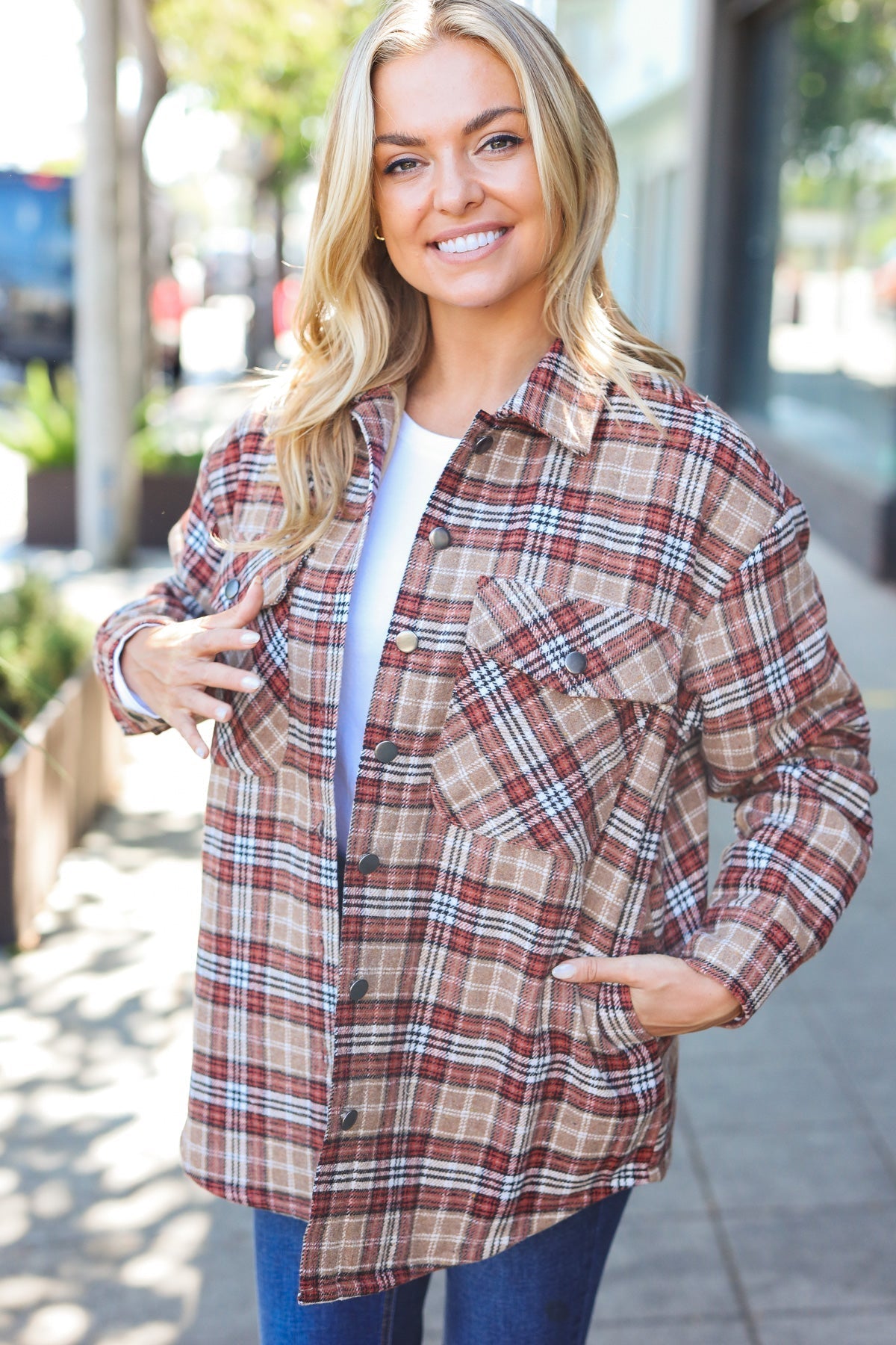 Be You Best Taupe Plaid Quilt Lined Button Down Shacket - Charming Charlie