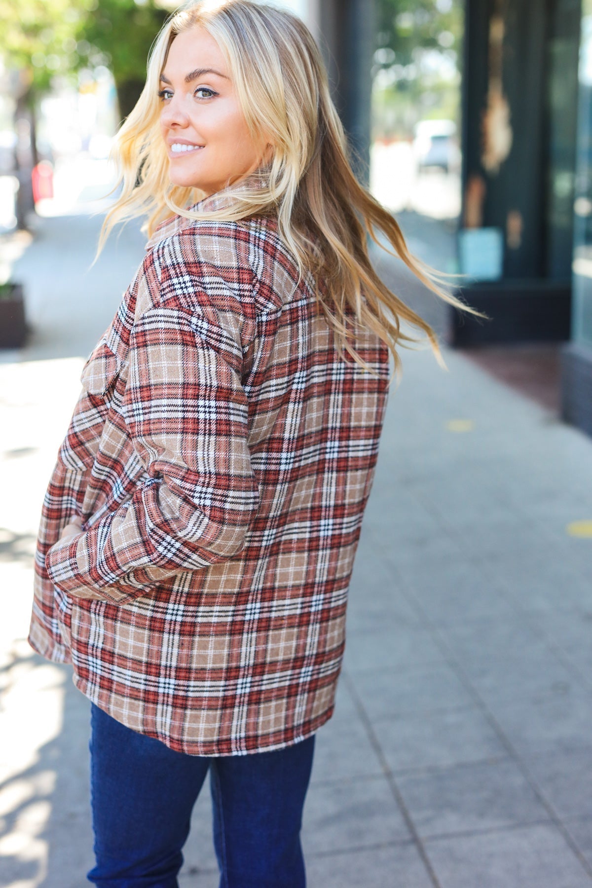 Be You Best Taupe Plaid Quilt Lined Button Down Shacket - Charming Charlie