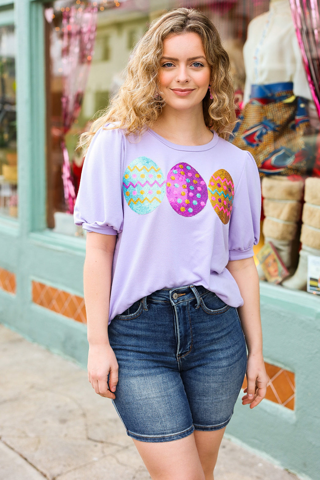 Turn Heads Lilac Sequin Easter Egg Terry Top - Charming Charlie