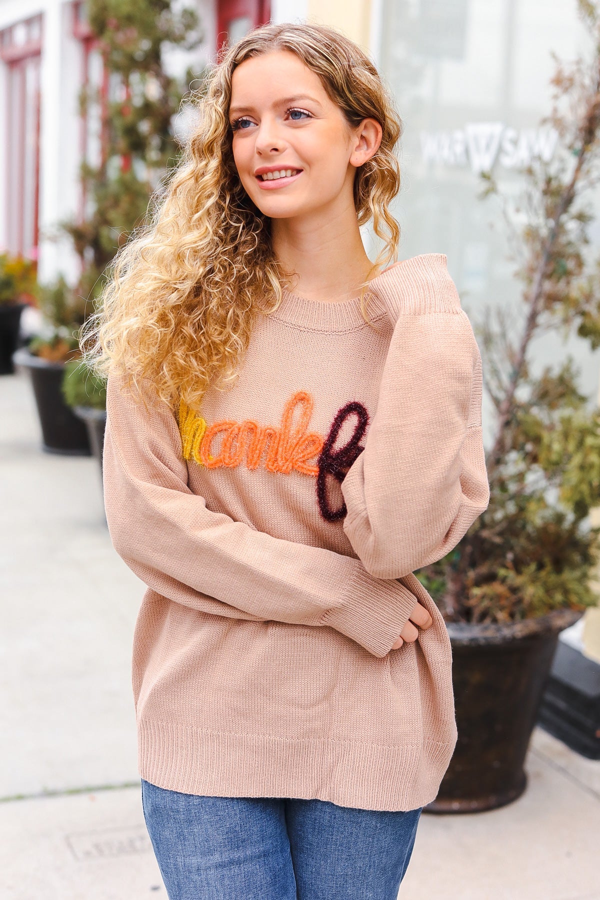 Feeling Thankful Taupe Pop Up Glittery Embroidery Sweater - Charming Charlie