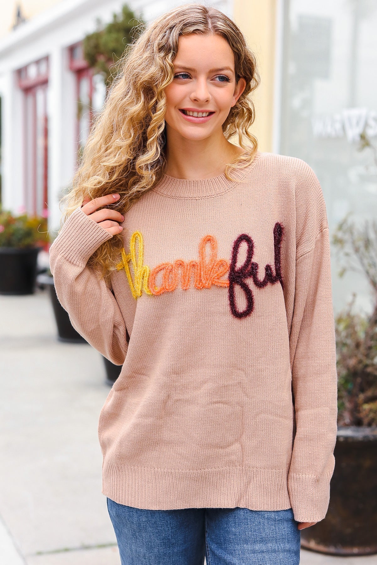 Feeling Thankful Taupe Pop Up Glittery Embroidery Sweater - Charming Charlie