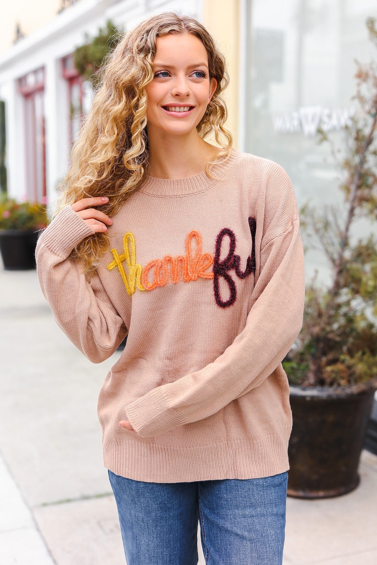 Feeling Thankful Taupe Pop Up Glittery Embroidery Sweater - Charming Charlie