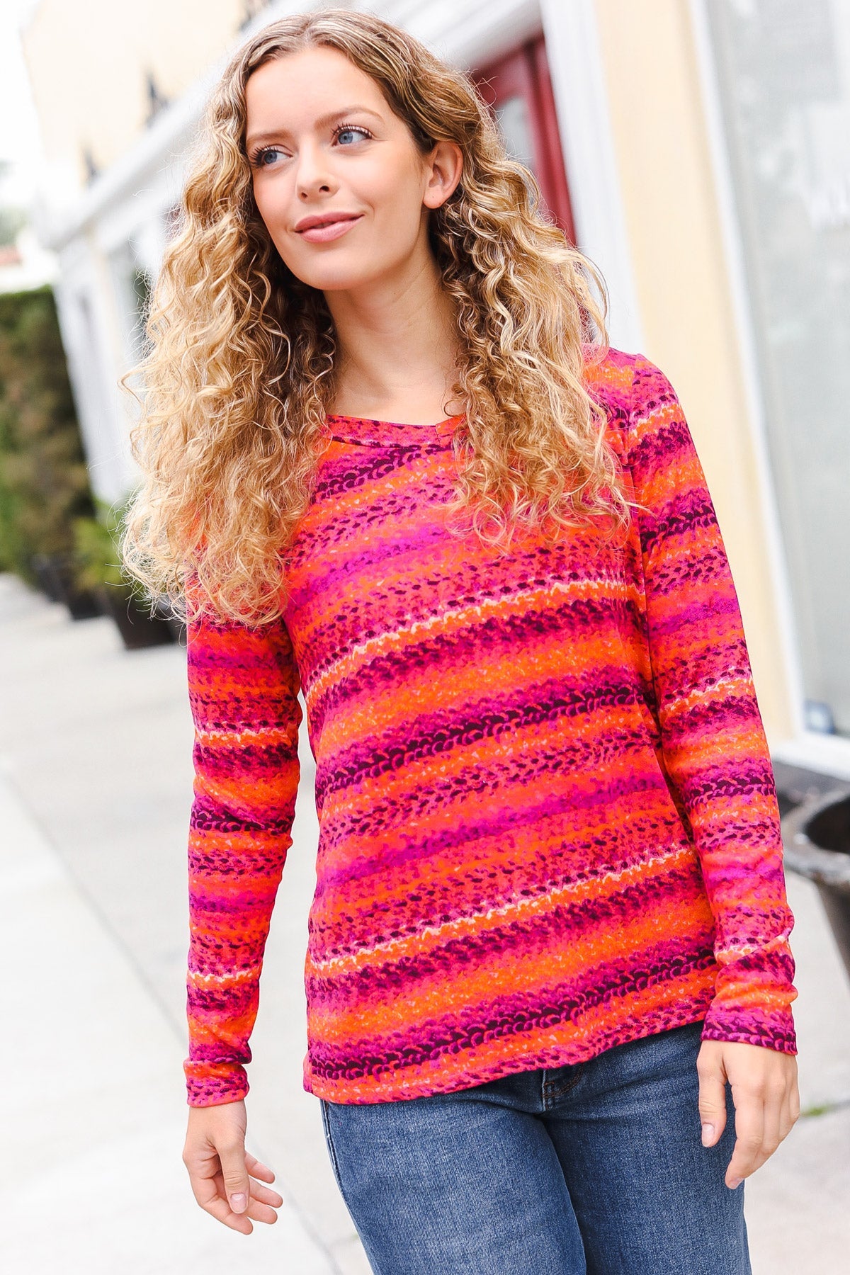 Be Bold Flame & Magenta Striped Cable Knit Print Hacci Top - Charming Charlie