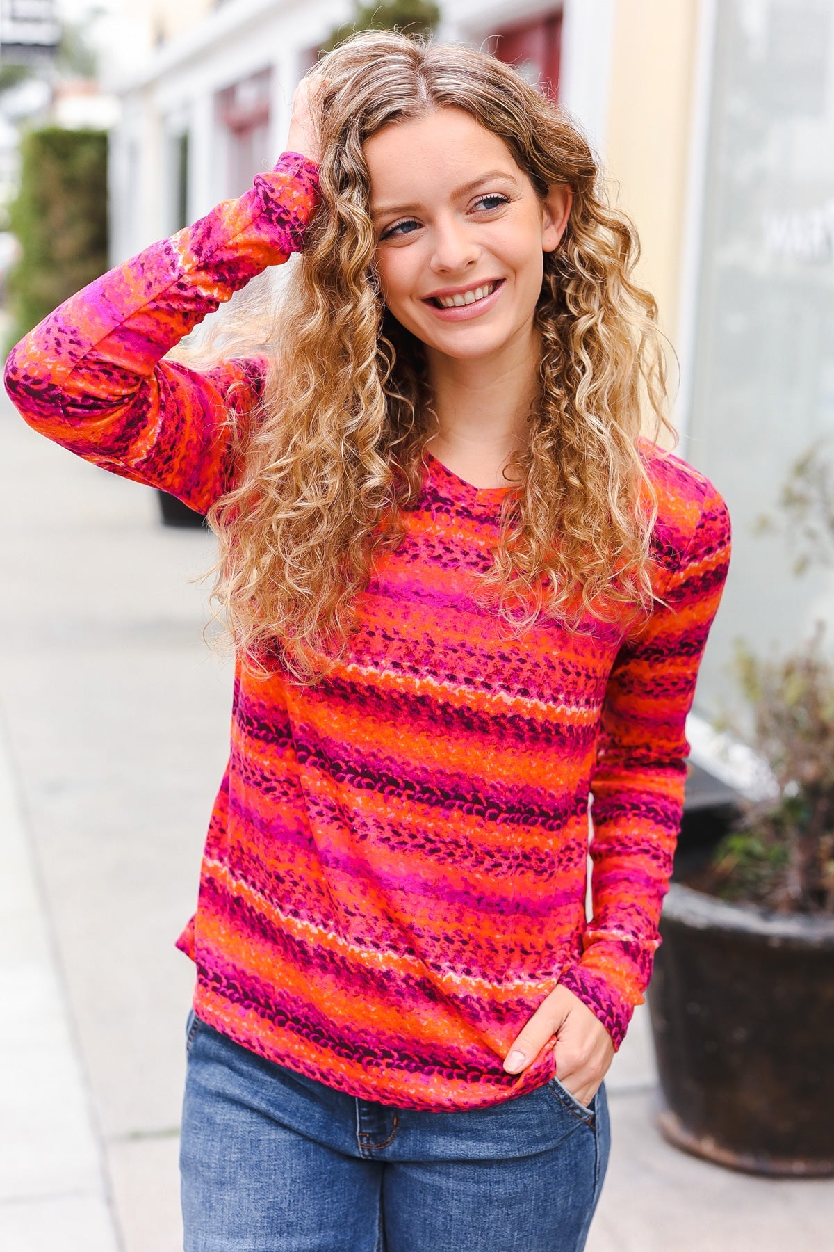 Be Bold Flame & Magenta Striped Cable Knit Print Hacci Top - Charming Charlie