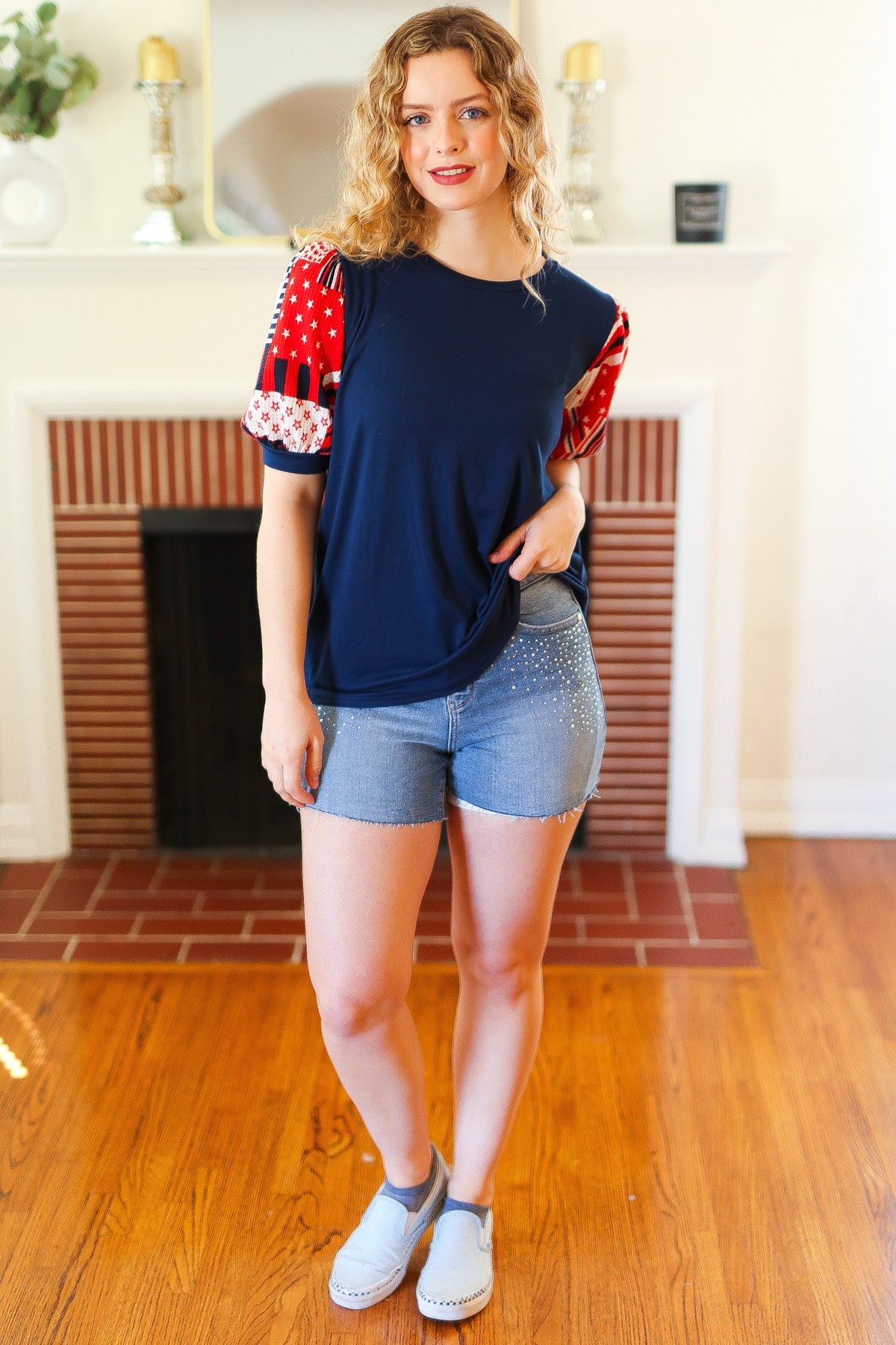 Stand-Out Navy Patriotic Patchwork Puff Sleeve Top - Charming Charlie