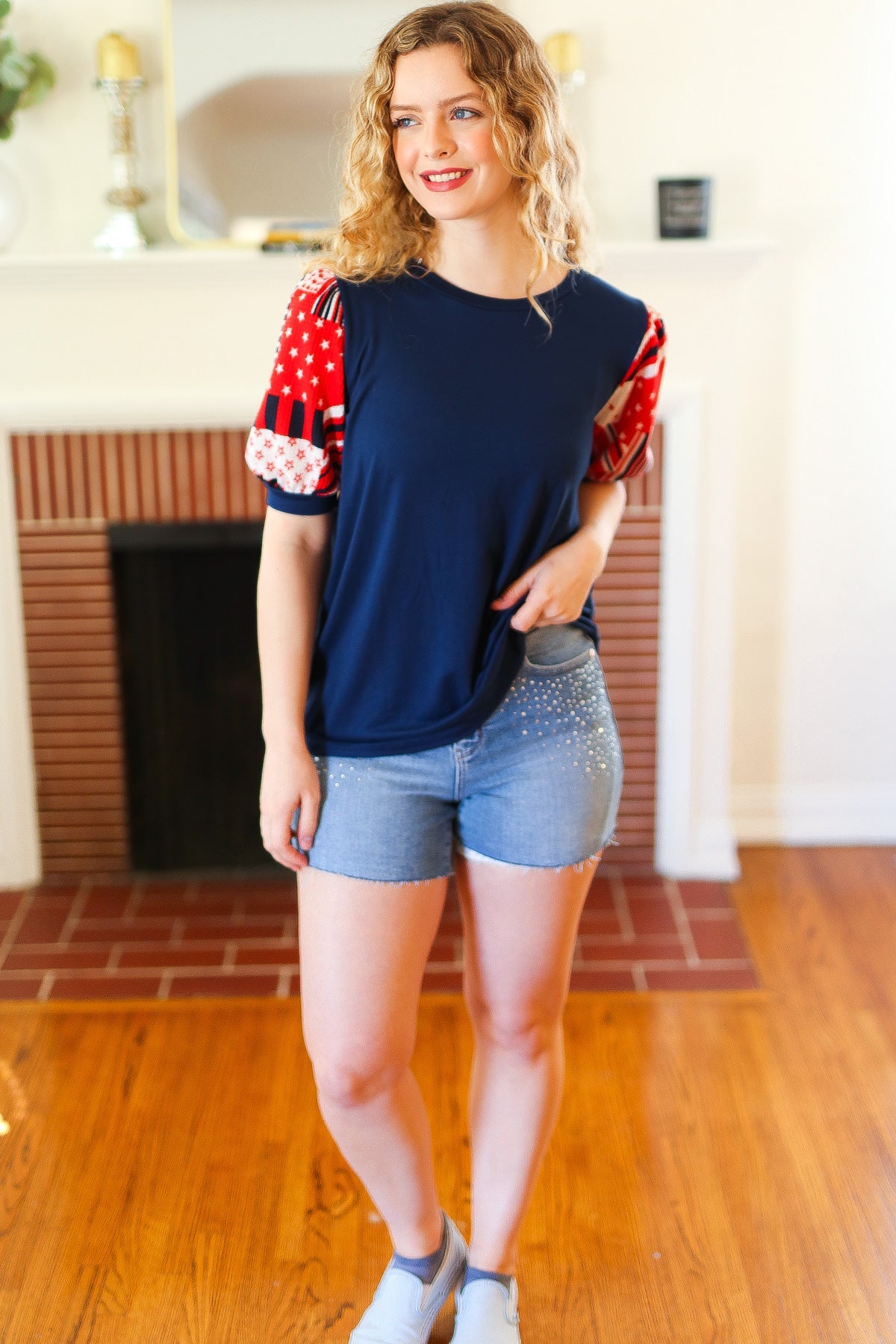 Stand-Out Navy Patriotic Patchwork Puff Sleeve Top - Charming Charlie