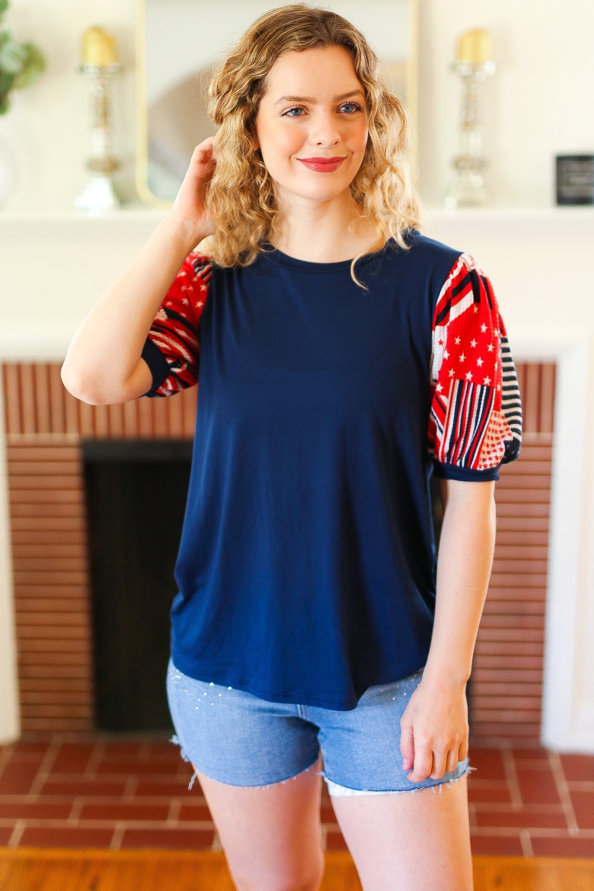 Stand-Out Navy Patriotic Patchwork Puff Sleeve Top - Charming Charlie