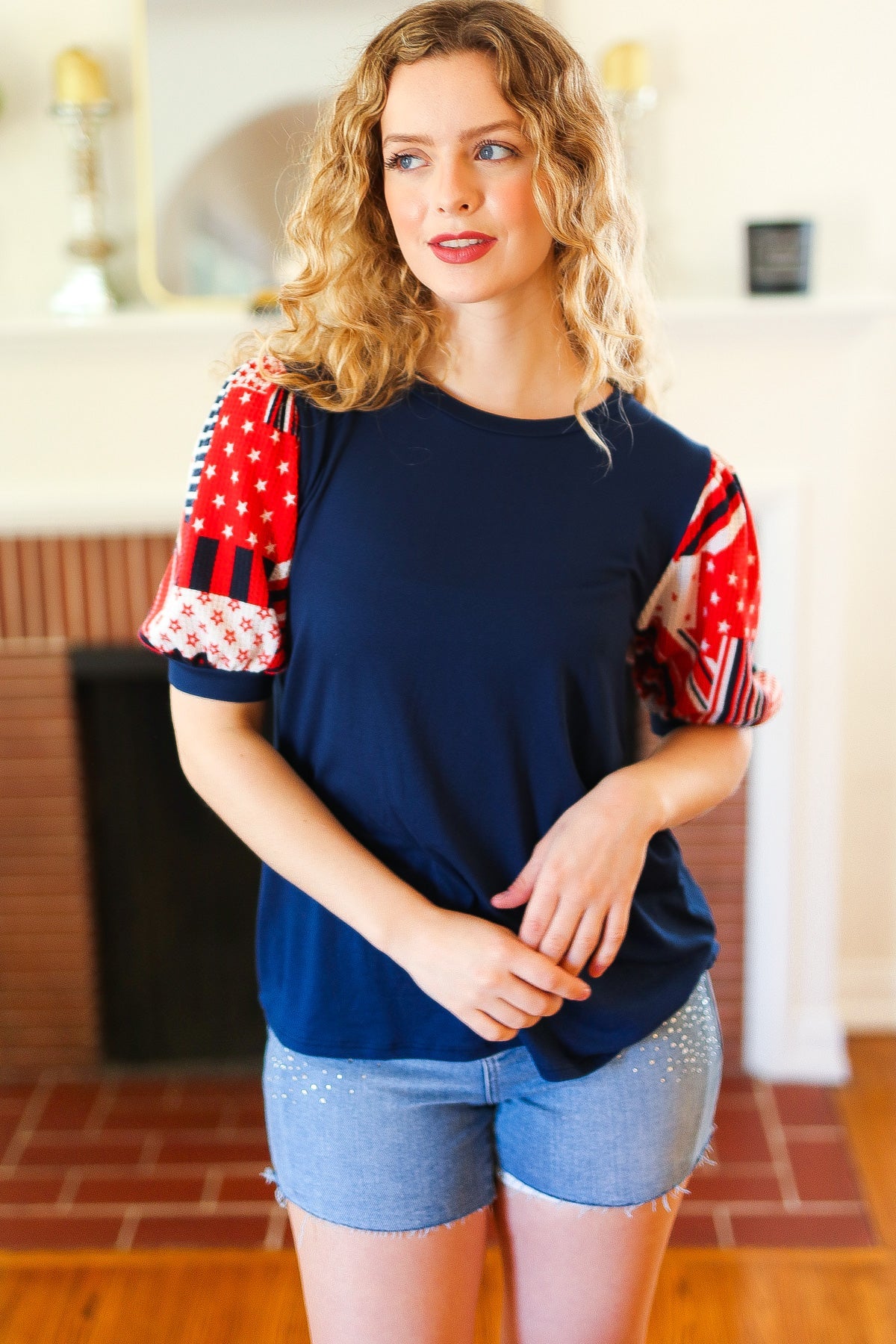 Stand-Out Navy Patriotic Patchwork Puff Sleeve Top - Charming Charlie