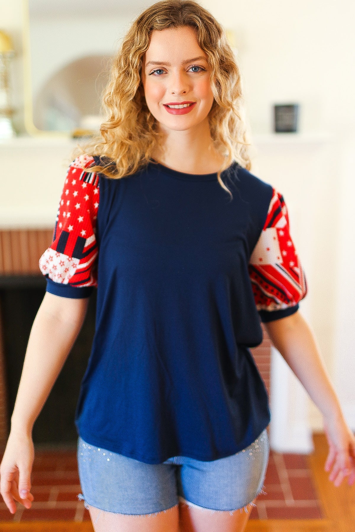 Stand-Out Navy Patriotic Patchwork Puff Sleeve Top - Charming Charlie