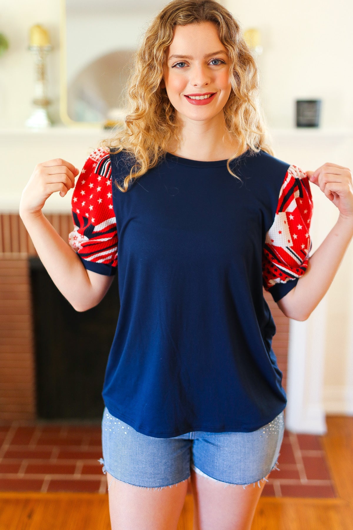 Stand-Out Navy Patriotic Patchwork Puff Sleeve Top - Charming Charlie