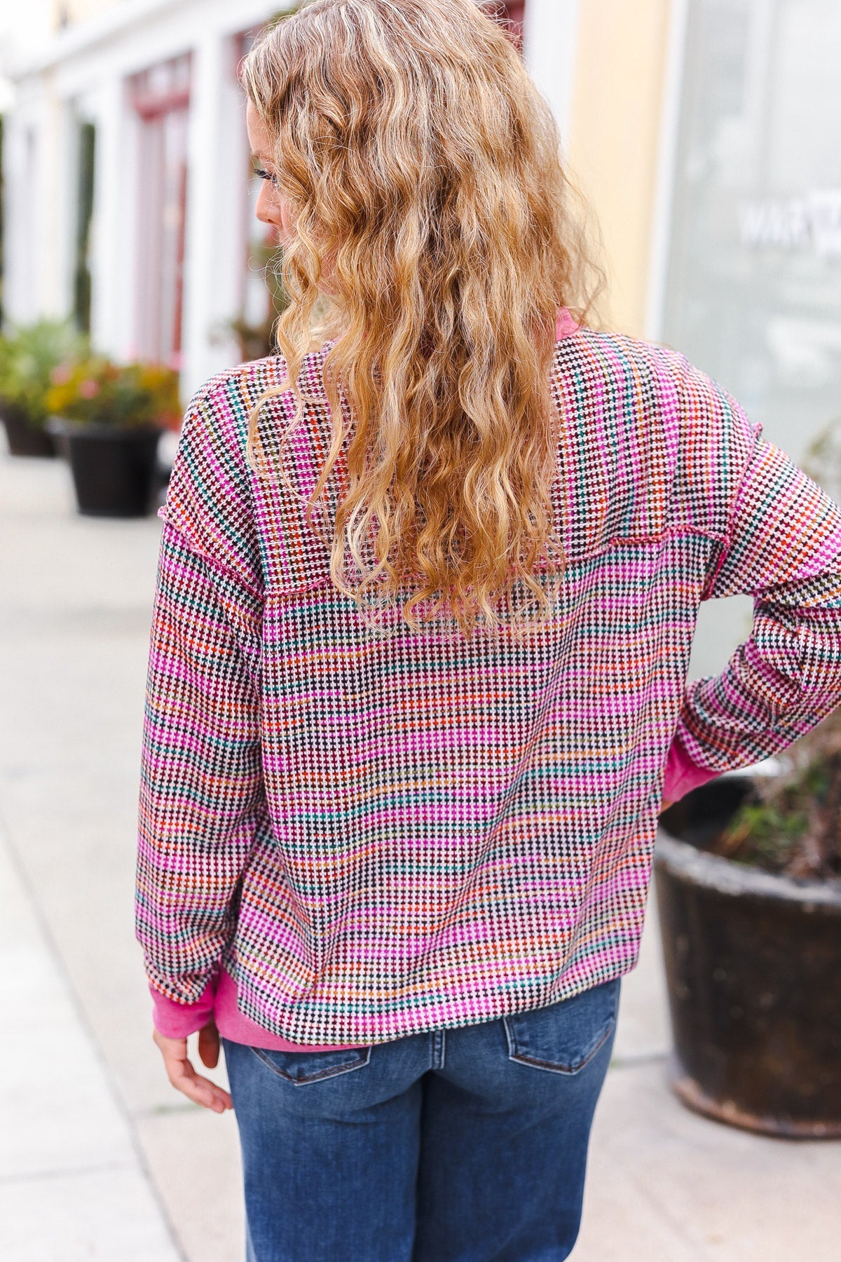 Bring Joy Magenta Multicolor Textured Waffle Knit Sweater - Charming Charlie