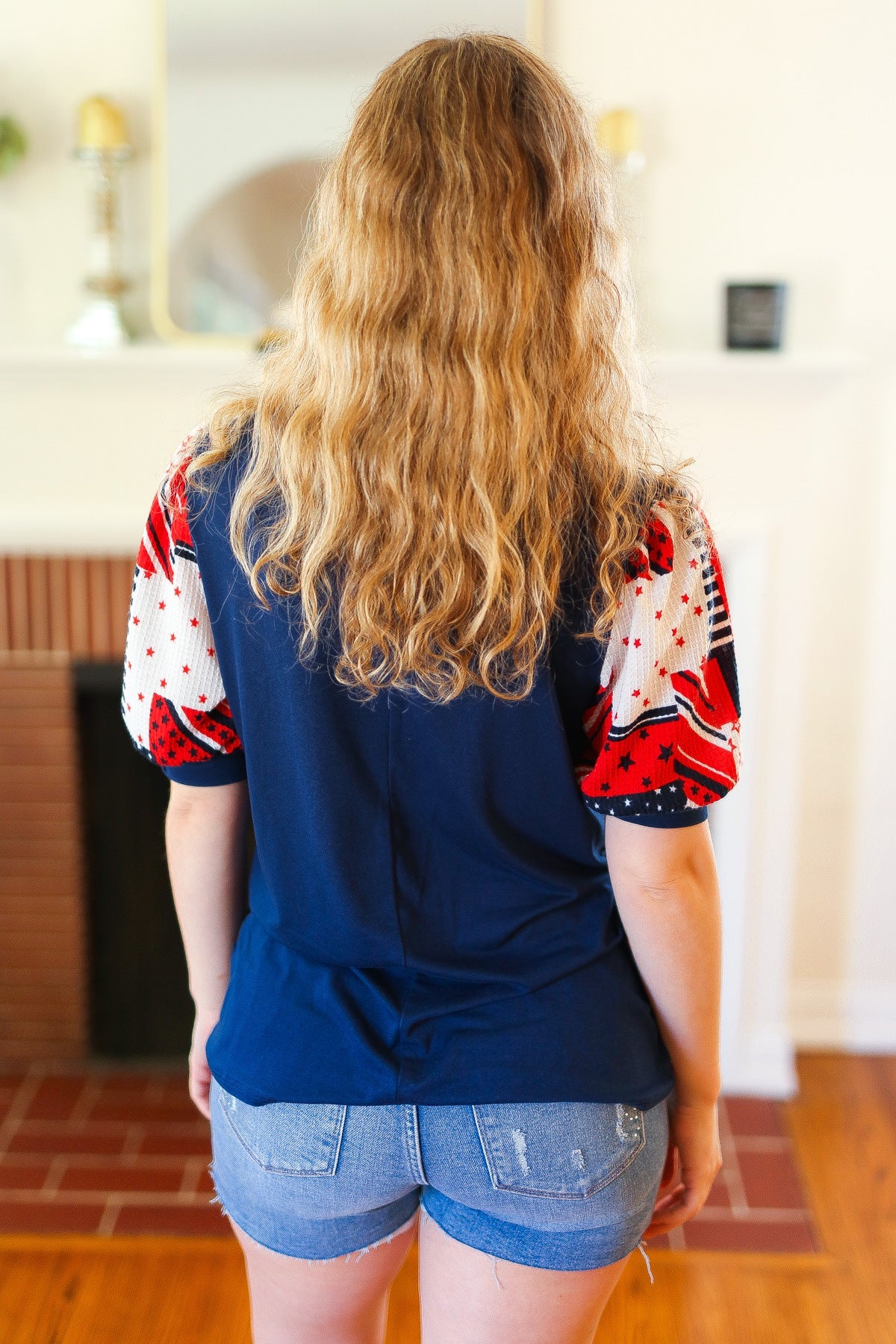 Stand-Out Navy Patriotic Patchwork Puff Sleeve Top - Charming Charlie