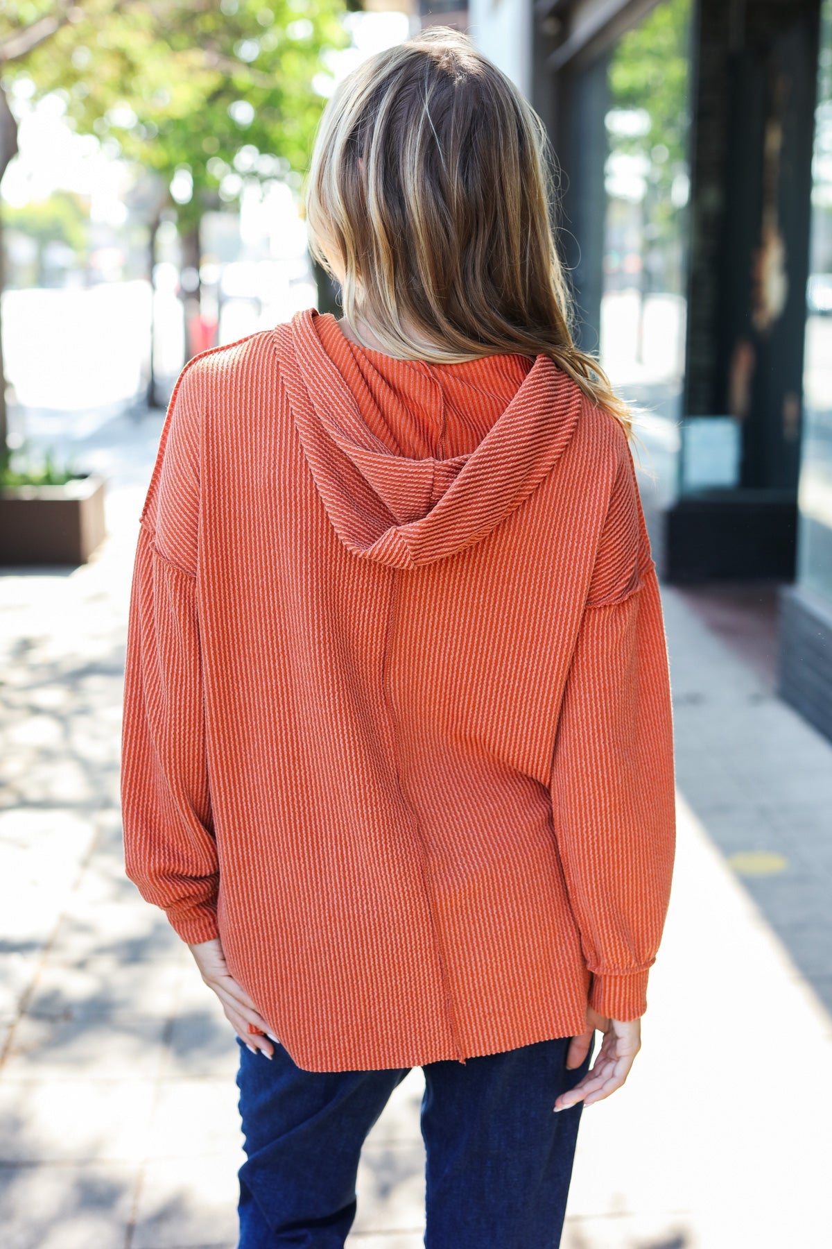 Cozy Days Rust Mineral Wash Rib Knit Hoodie - Charming Charlie