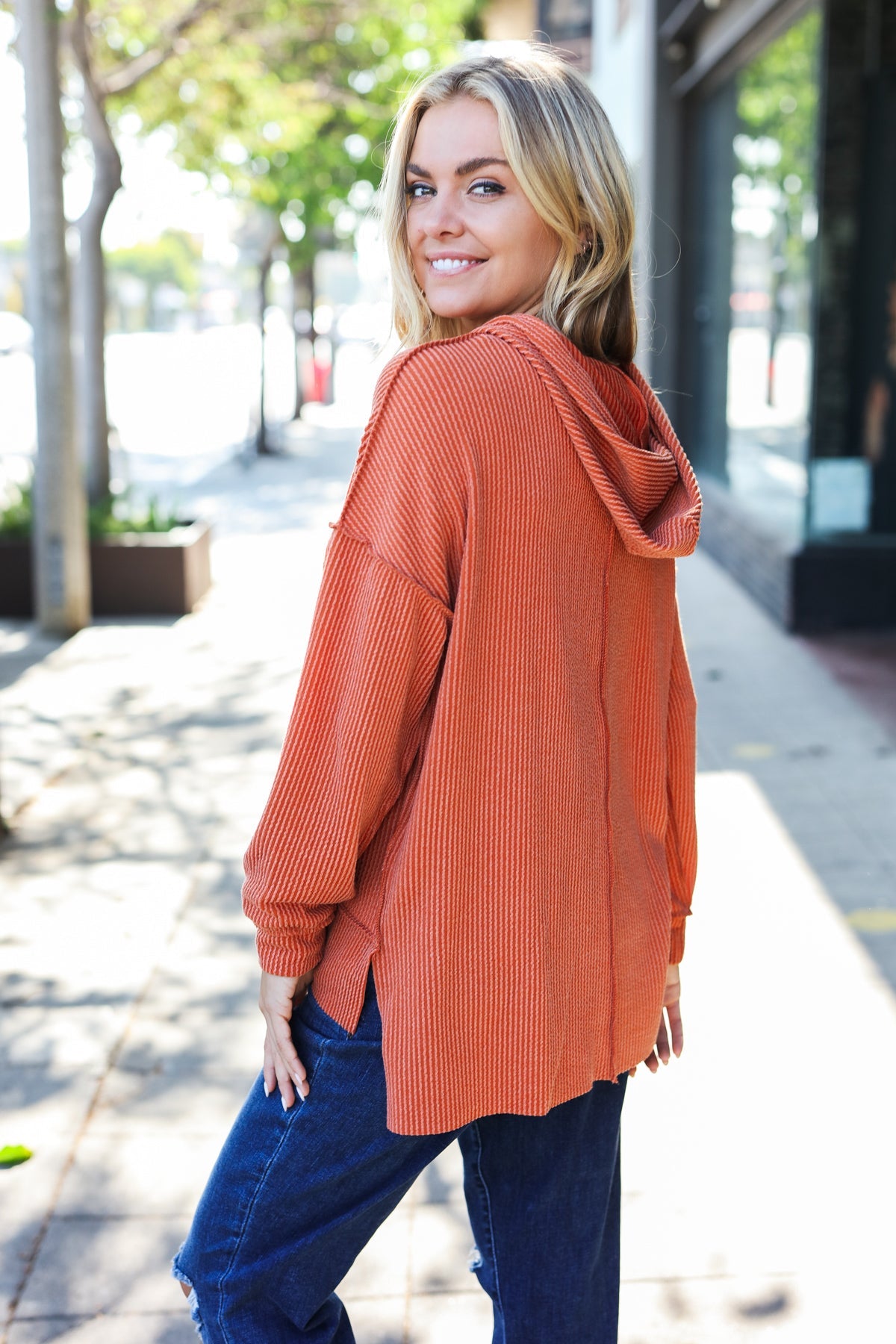 Cozy Days Rust Mineral Wash Rib Knit Hoodie - Charming Charlie