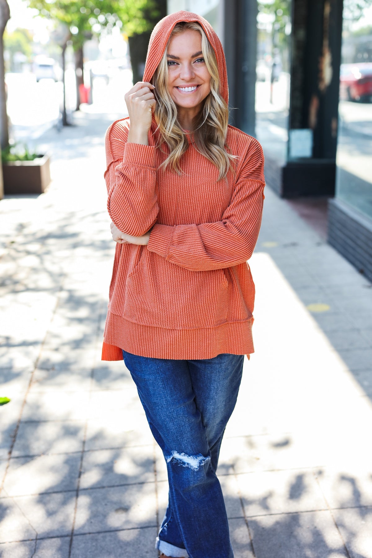 Cozy Days Rust Mineral Wash Rib Knit Hoodie - Charming Charlie