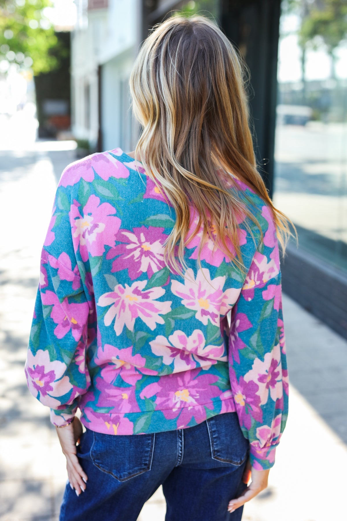 Feeling Femme Teal Floral Brushed Hacci Sweater Top - Charming Charlie