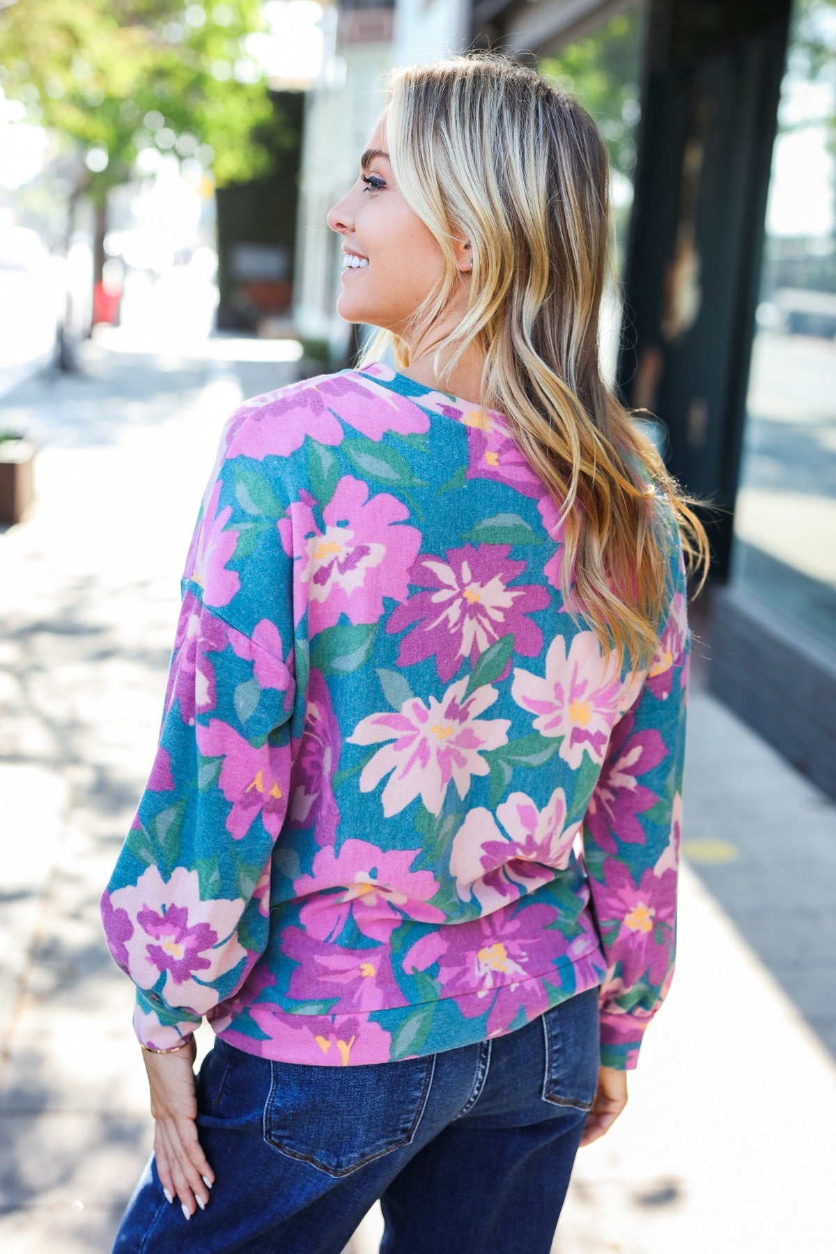 Feeling Femme Teal Floral Brushed Hacci Sweater Top - Charming Charlie