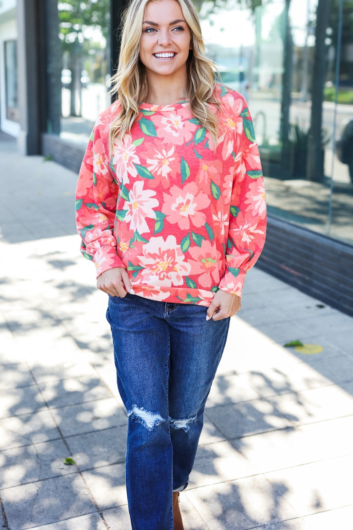 Feeling Femme Red Floral Brushed Hacci Sweater Top - Charming Charlie