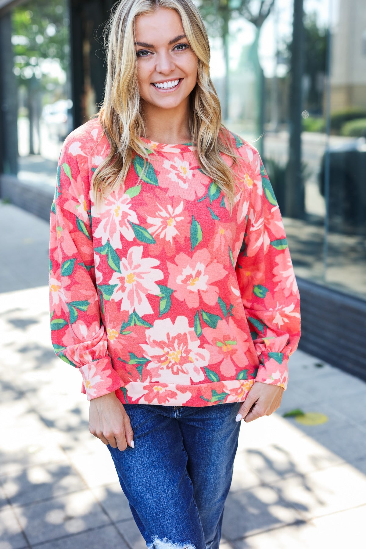 Feeling Femme Red Floral Brushed Hacci Sweater Top - Charming Charlie