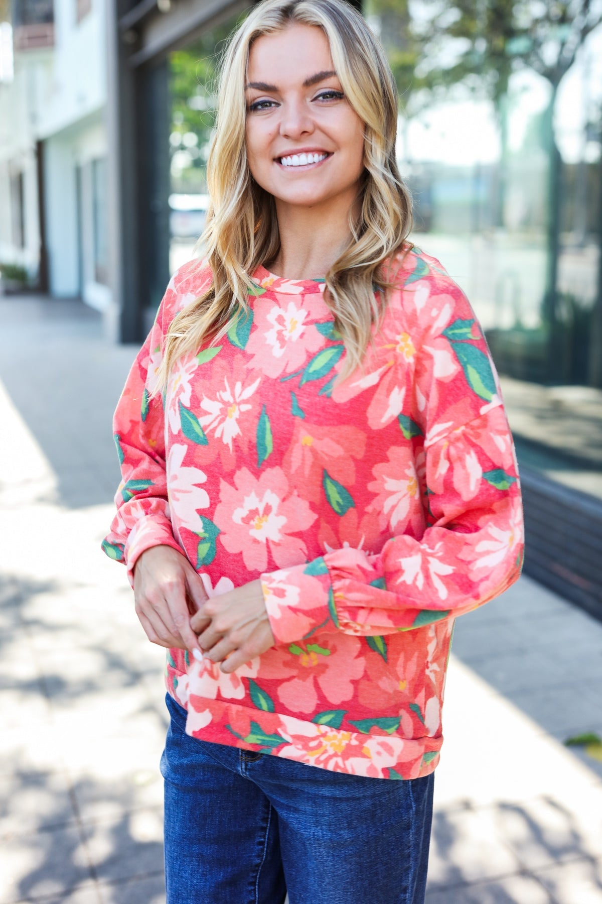 Feeling Femme Red Floral Brushed Hacci Sweater Top - Charming Charlie