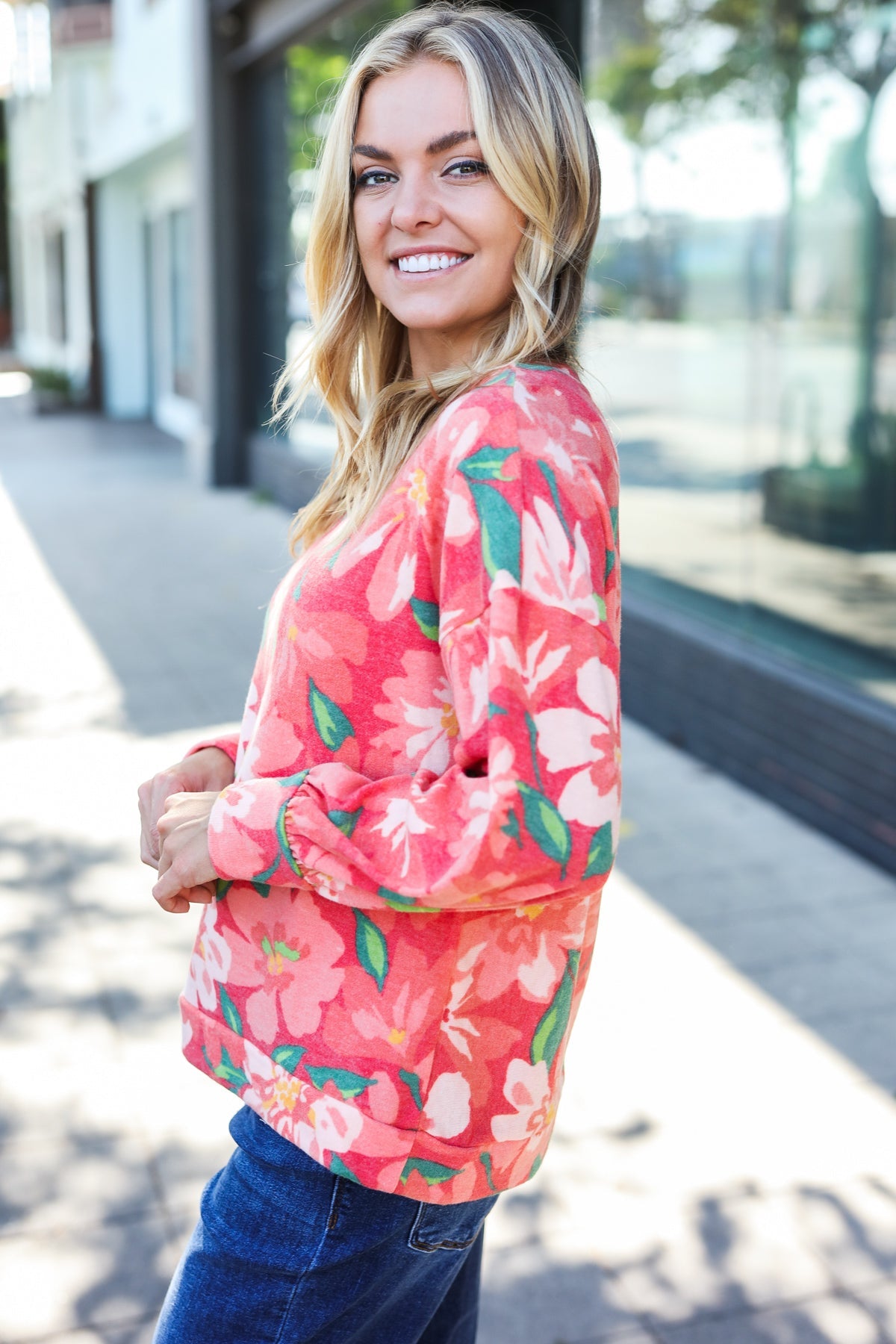 Feeling Femme Red Floral Brushed Hacci Sweater Top - Charming Charlie