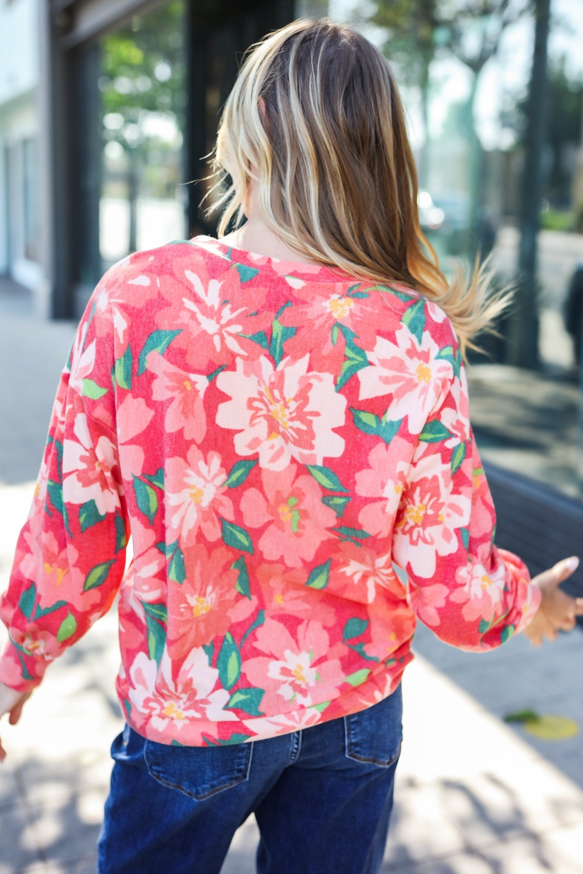 Feeling Femme Red Floral Brushed Hacci Sweater Top - Charming Charlie