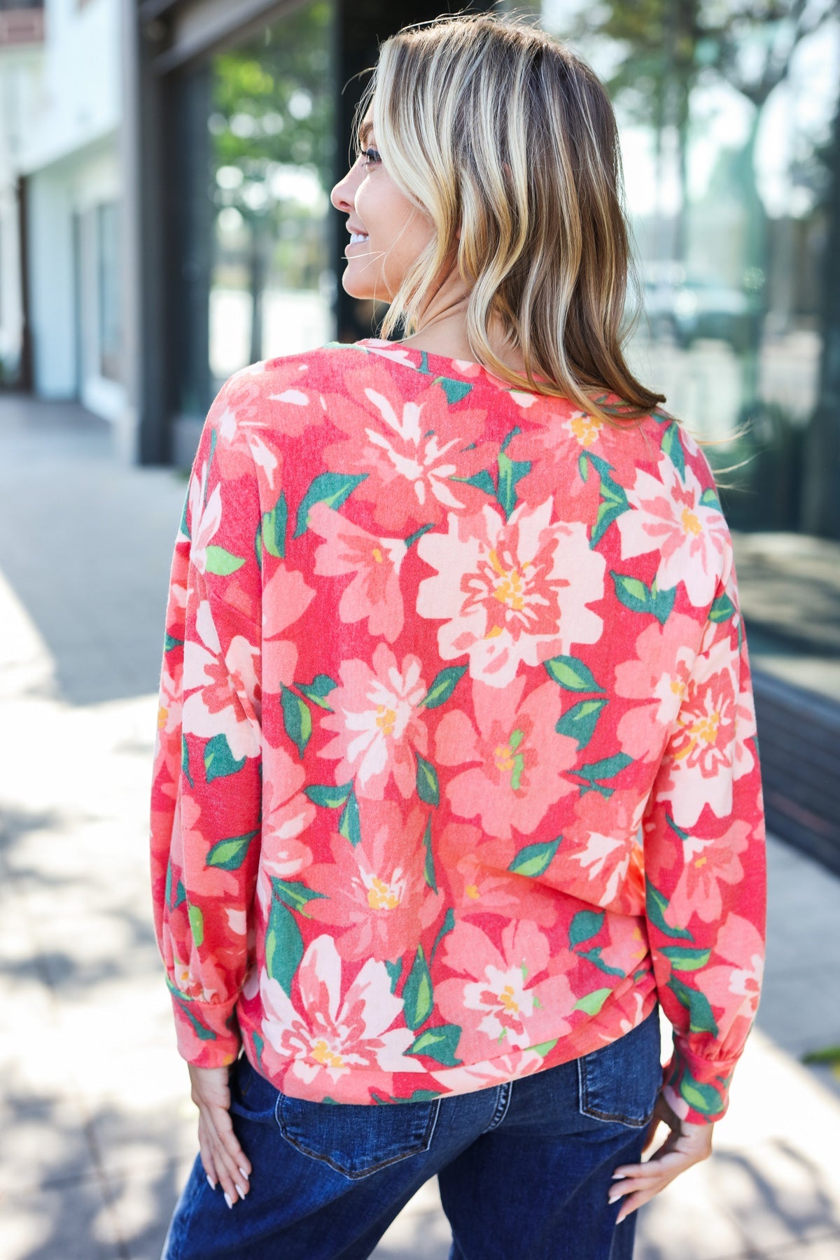 Feeling Femme Red Floral Brushed Hacci Sweater Top - Charming Charlie