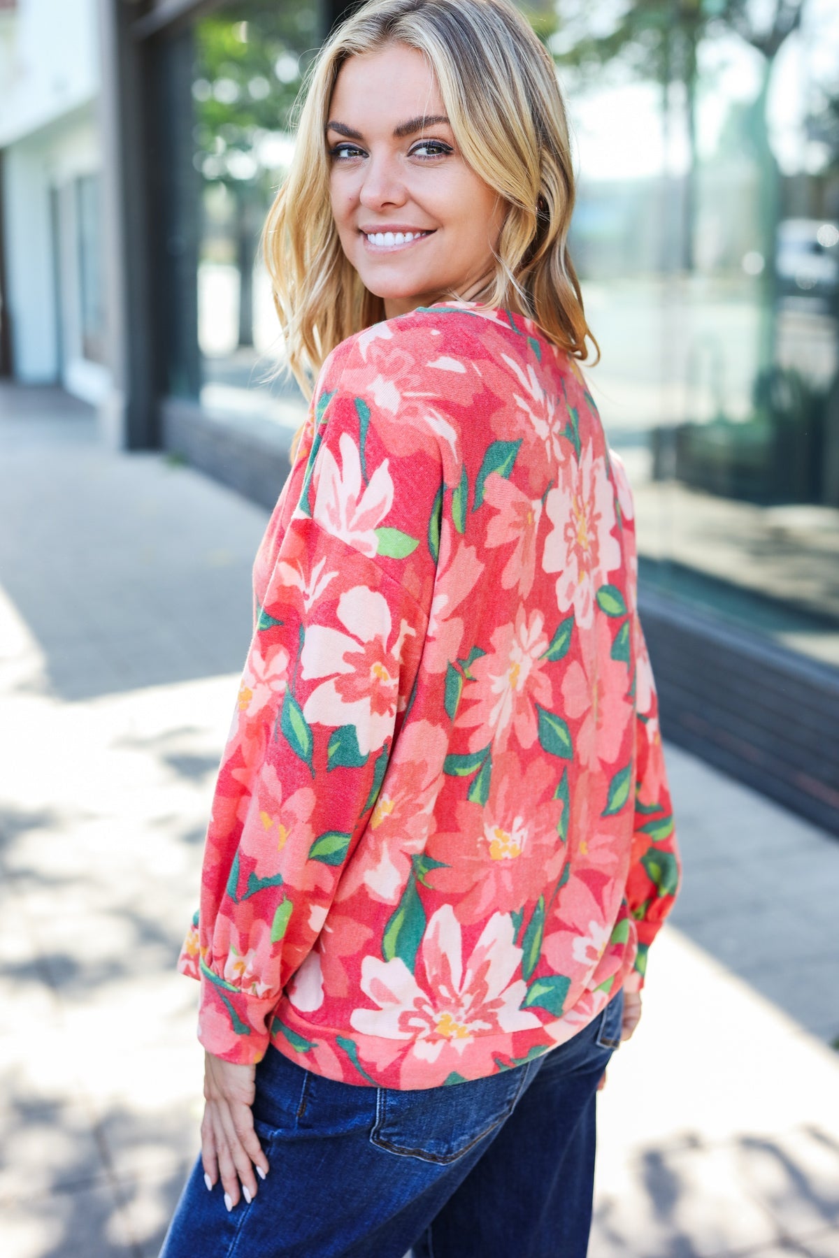 Feeling Femme Red Floral Brushed Hacci Sweater Top - Charming Charlie
