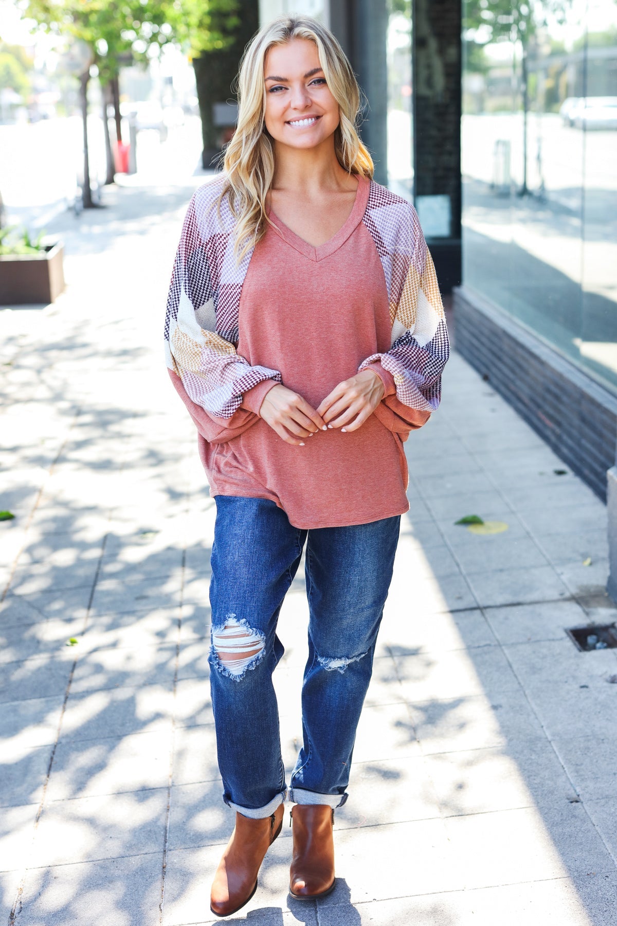 Weekend Ready Rust Argyle Pattern Dolman V Neck Top - Charming Charlie