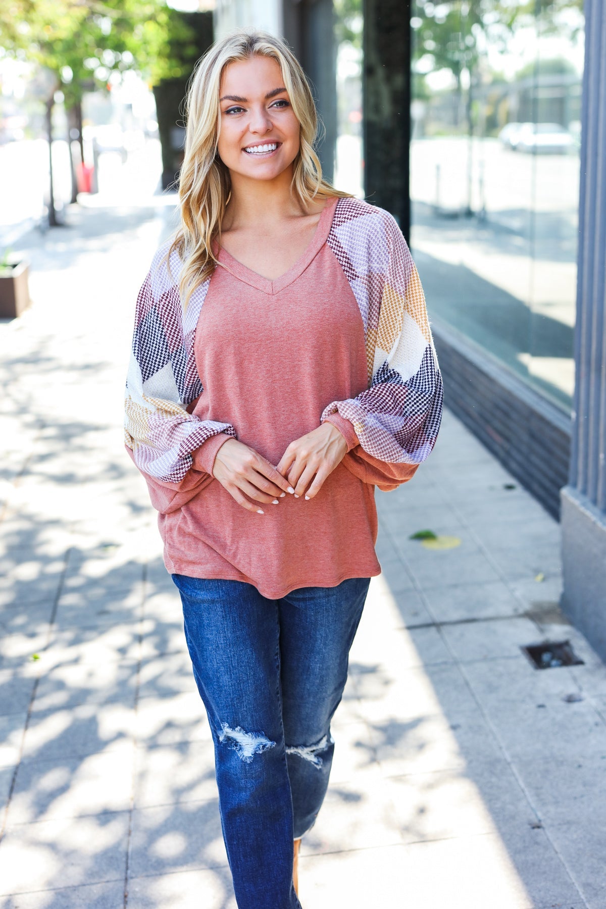 Weekend Ready Rust Argyle Pattern Dolman V Neck Top - Charming Charlie