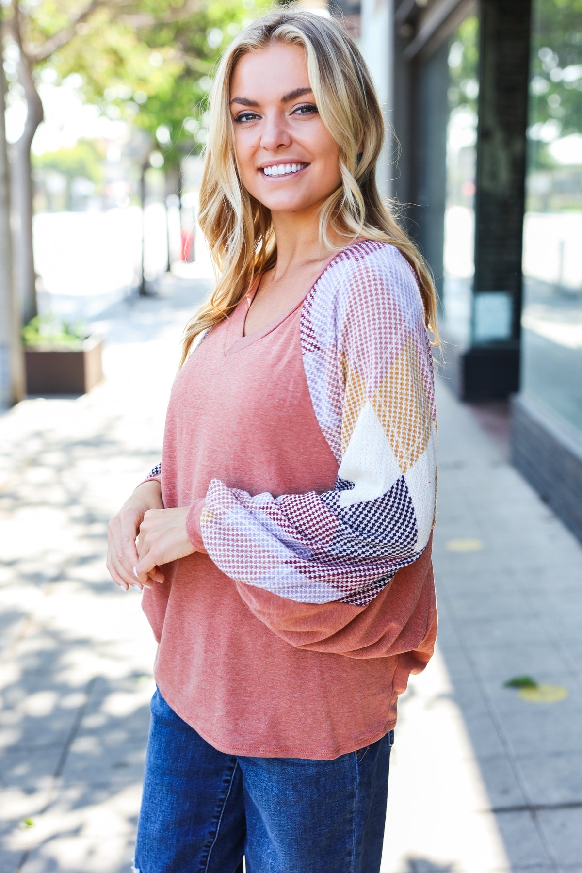 Weekend Ready Rust Argyle Pattern Dolman V Neck Top - Charming Charlie