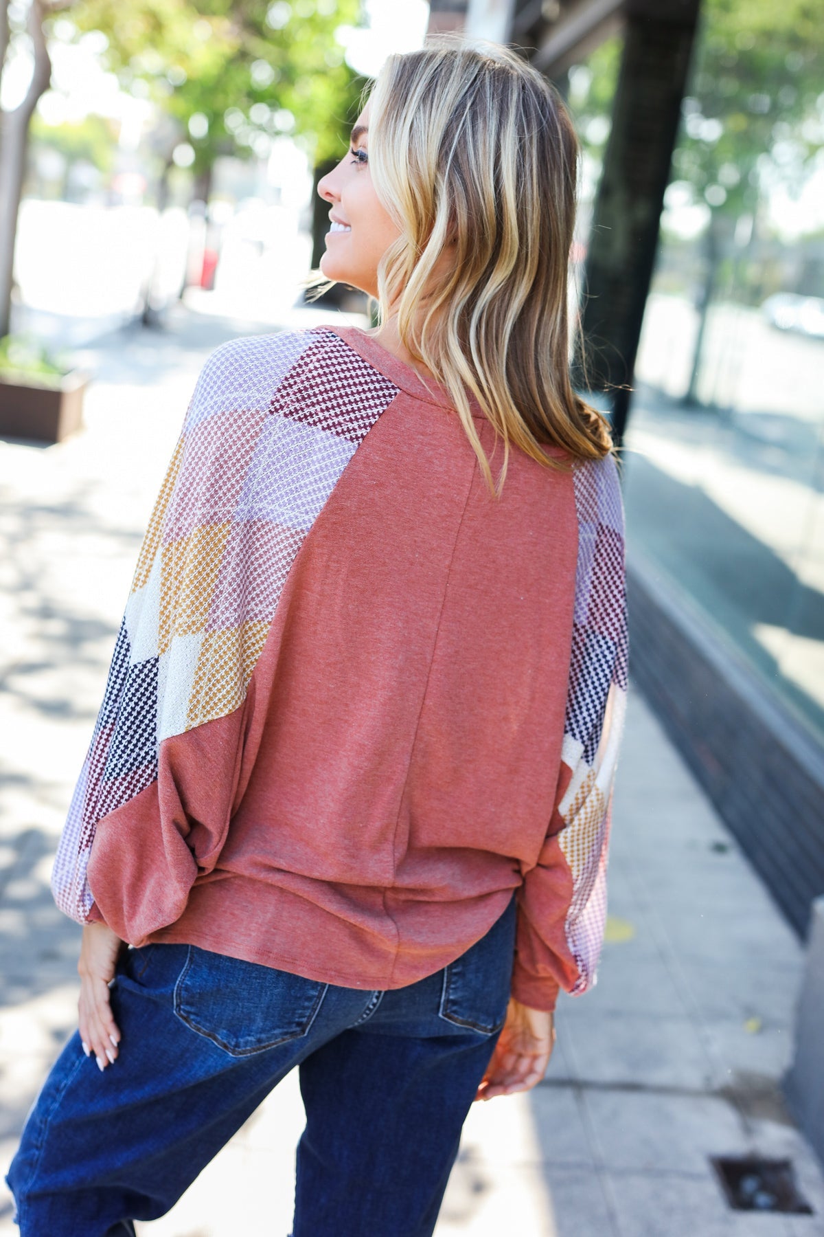 Weekend Ready Rust Argyle Pattern Dolman V Neck Top - Charming Charlie