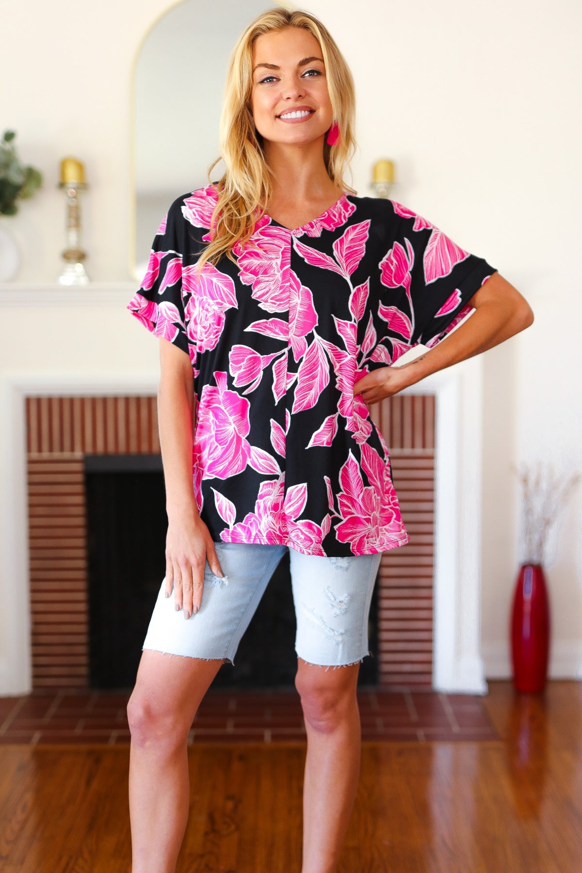 Tropical Vibes Black & Hot Pink Floral V Neck Top - Charming Charlie