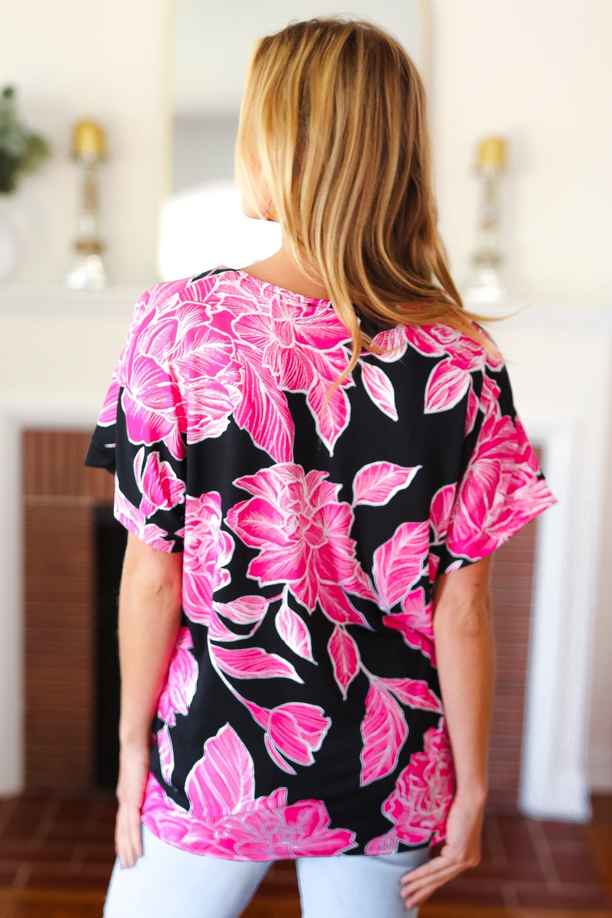 Tropical Vibes Black & Hot Pink Floral V Neck Top - Charming Charlie