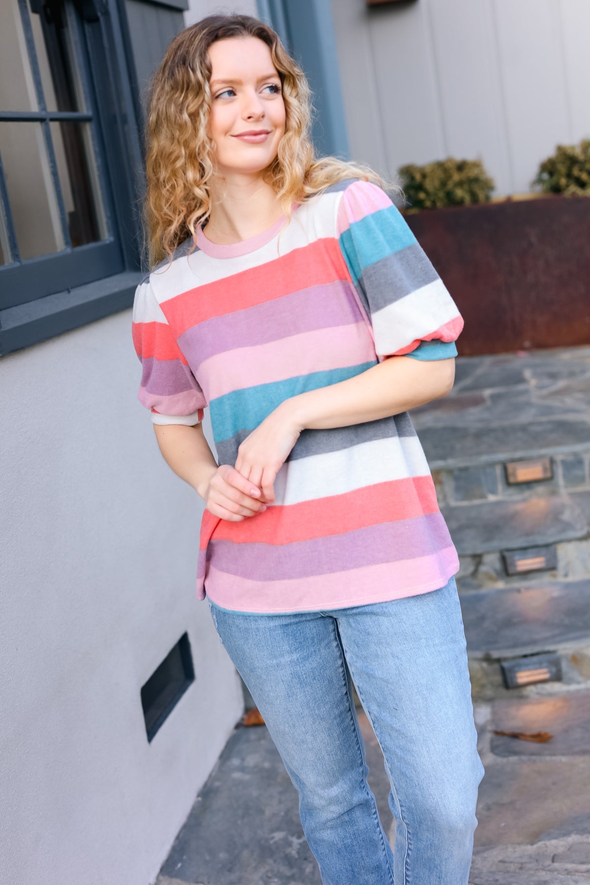 Look Out Teal & Rose Striped Hacci Knit Puff Sleeve Top - Charming Charlie
