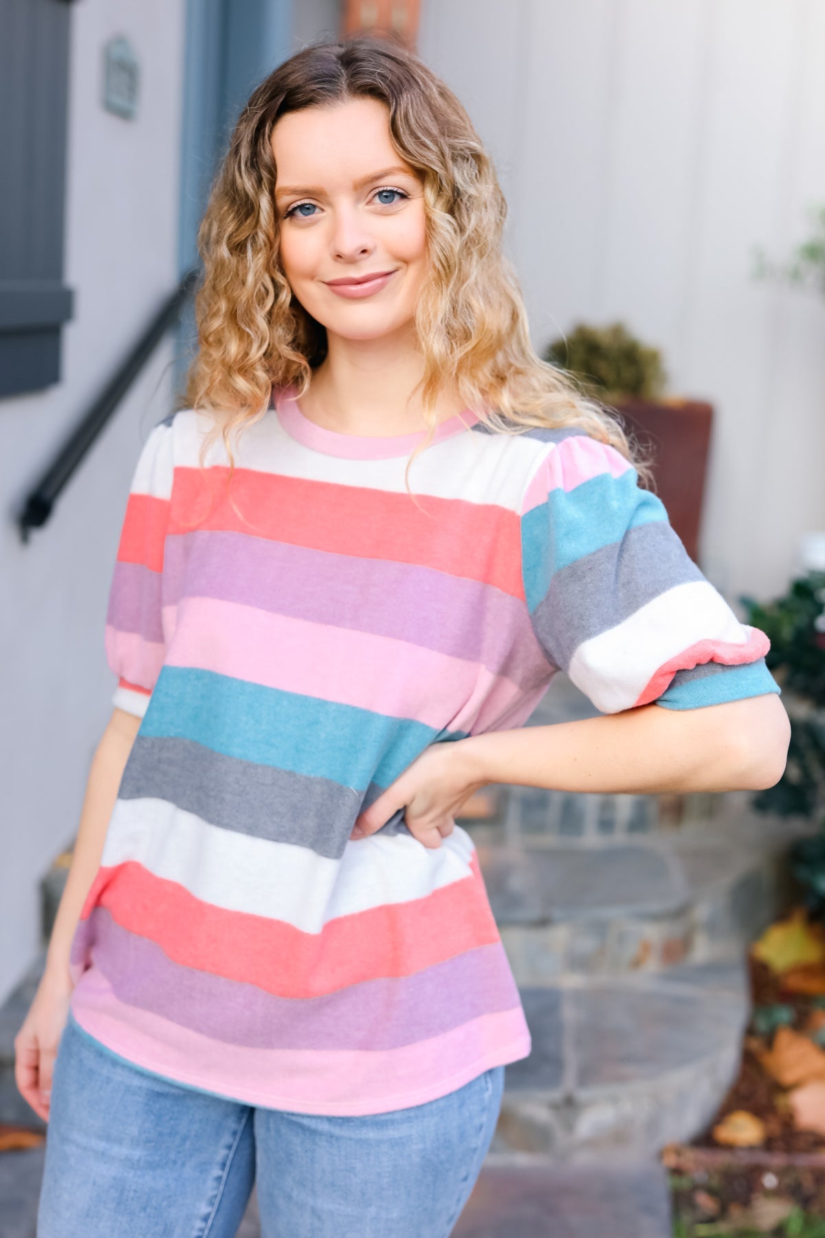 Look Out Teal & Rose Striped Hacci Knit Puff Sleeve Top - Charming Charlie