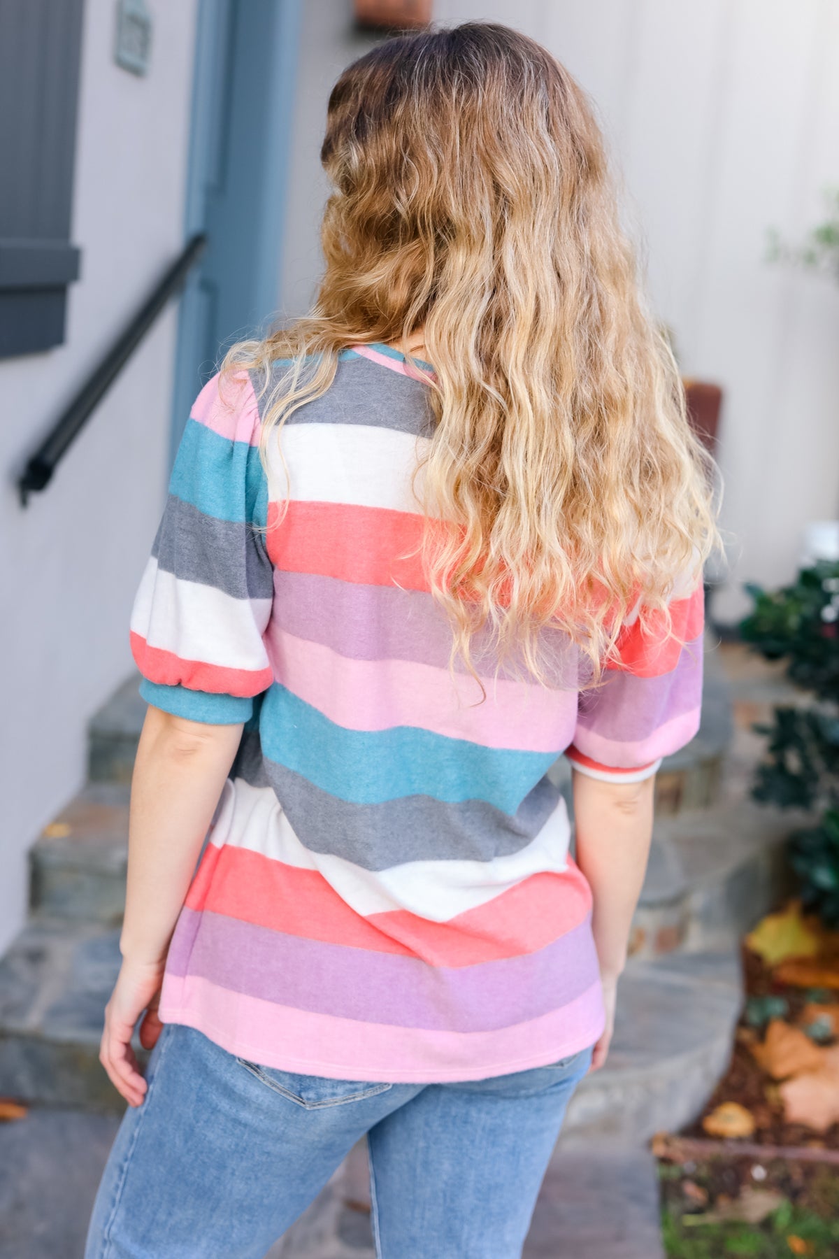 Look Out Teal & Rose Striped Hacci Knit Puff Sleeve Top - Charming Charlie