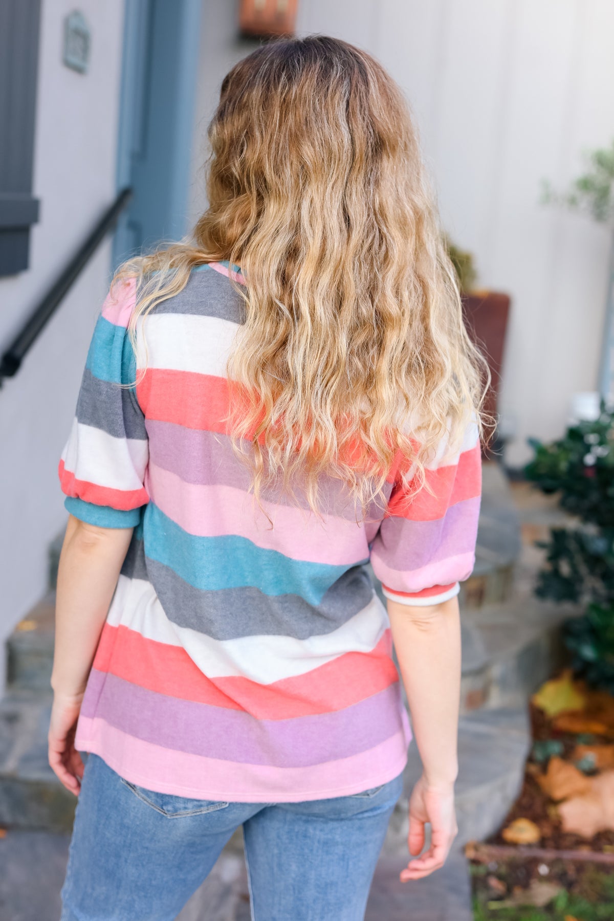 Look Out Teal & Rose Striped Hacci Knit Puff Sleeve Top - Charming Charlie