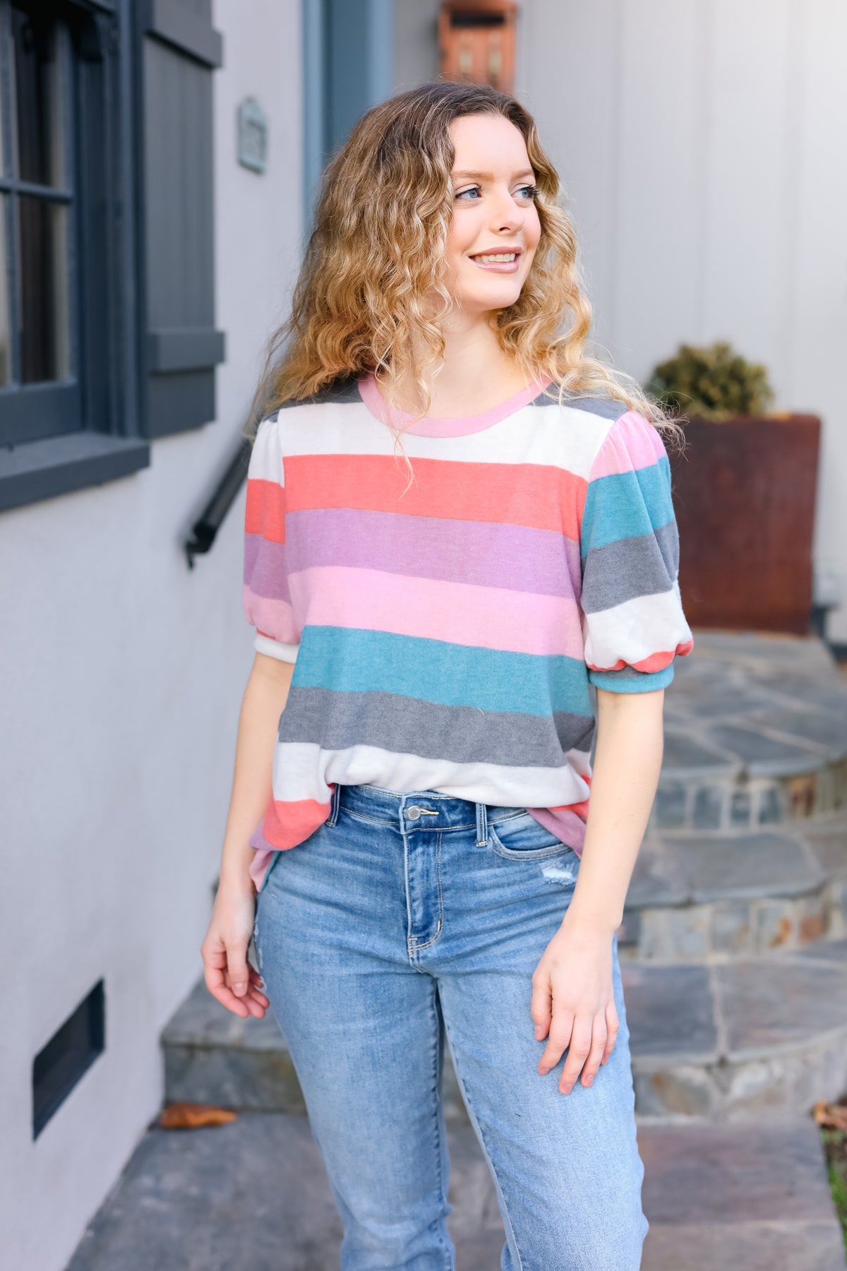 Look Out Teal & Rose Striped Hacci Knit Puff Sleeve Top - Charming Charlie