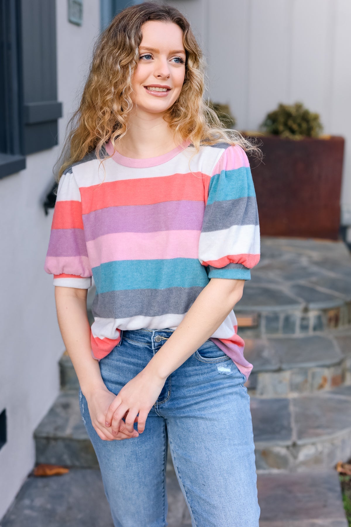 Look Out Teal & Rose Striped Hacci Knit Puff Sleeve Top - Charming Charlie