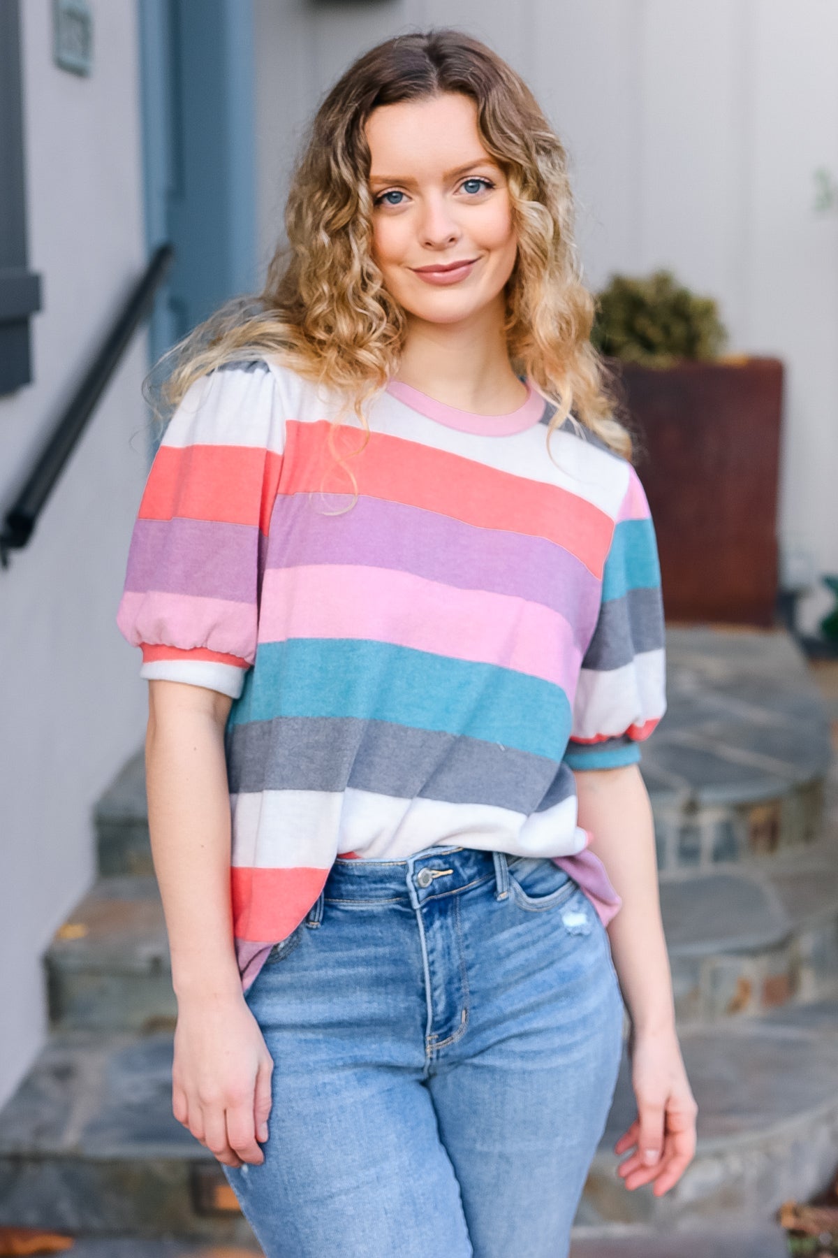 Look Out Teal & Rose Striped Hacci Knit Puff Sleeve Top - Charming Charlie