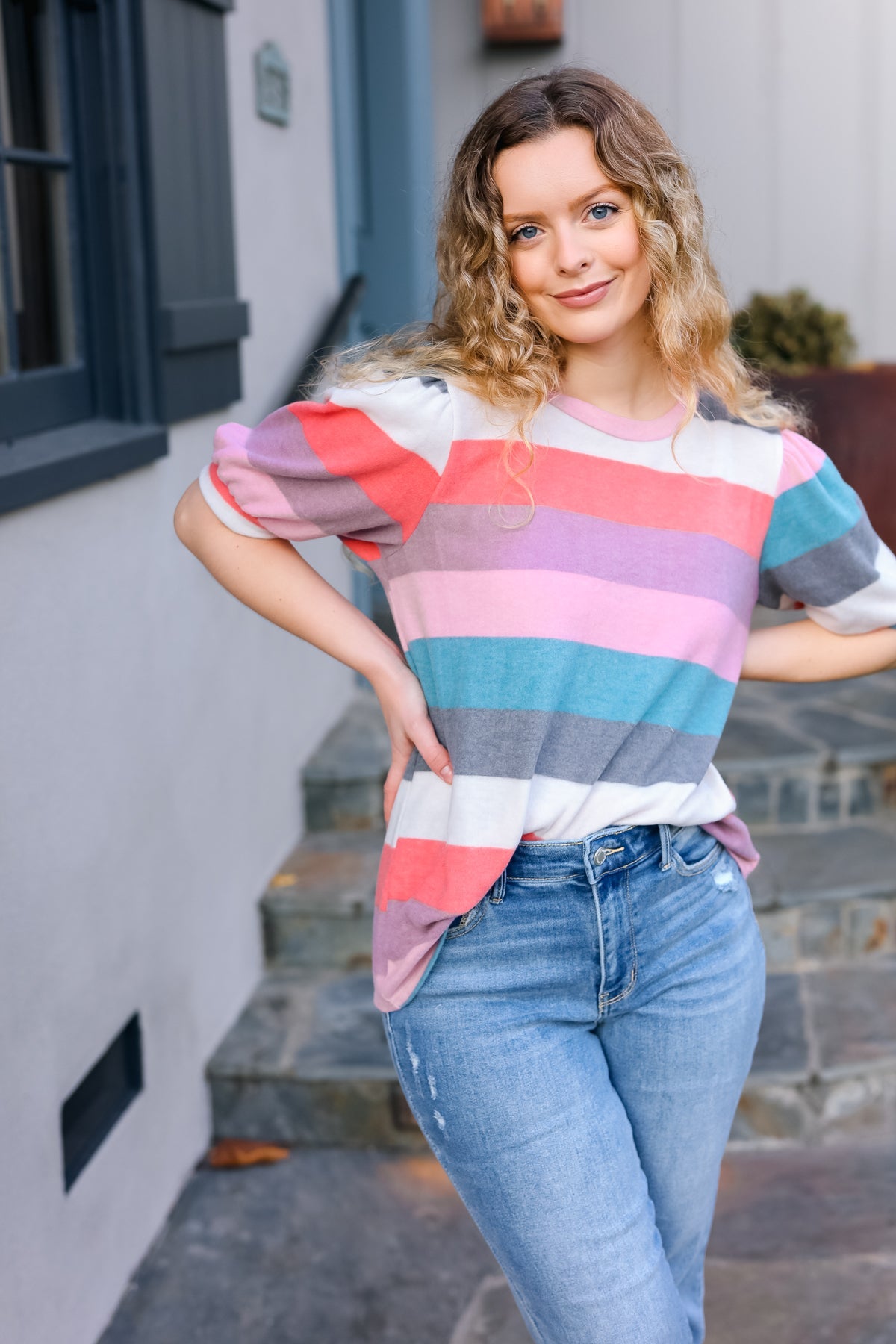 Look Out Teal & Rose Striped Hacci Knit Puff Sleeve Top - Charming Charlie