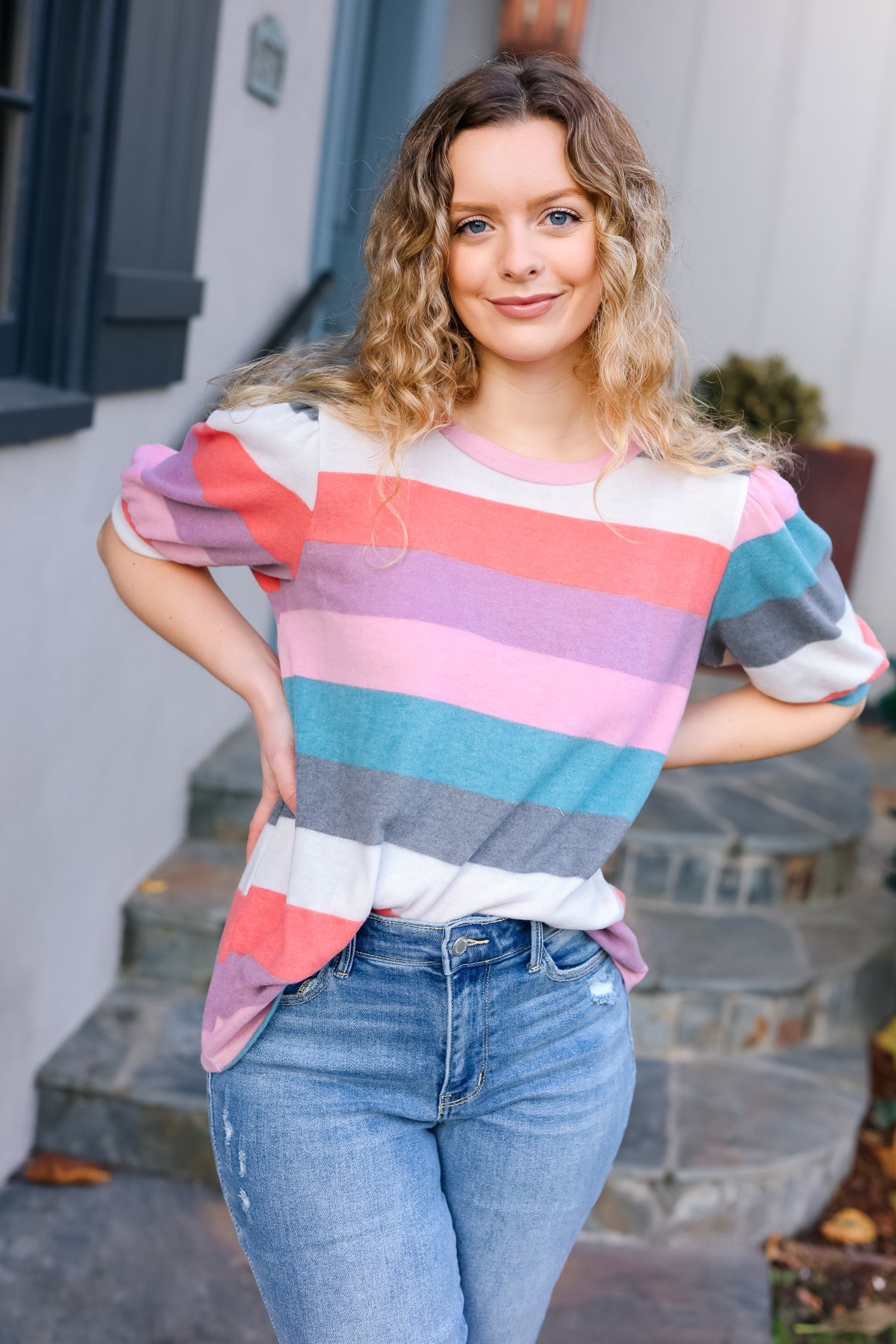 Look Out Teal & Rose Striped Hacci Knit Puff Sleeve Top - Charming Charlie