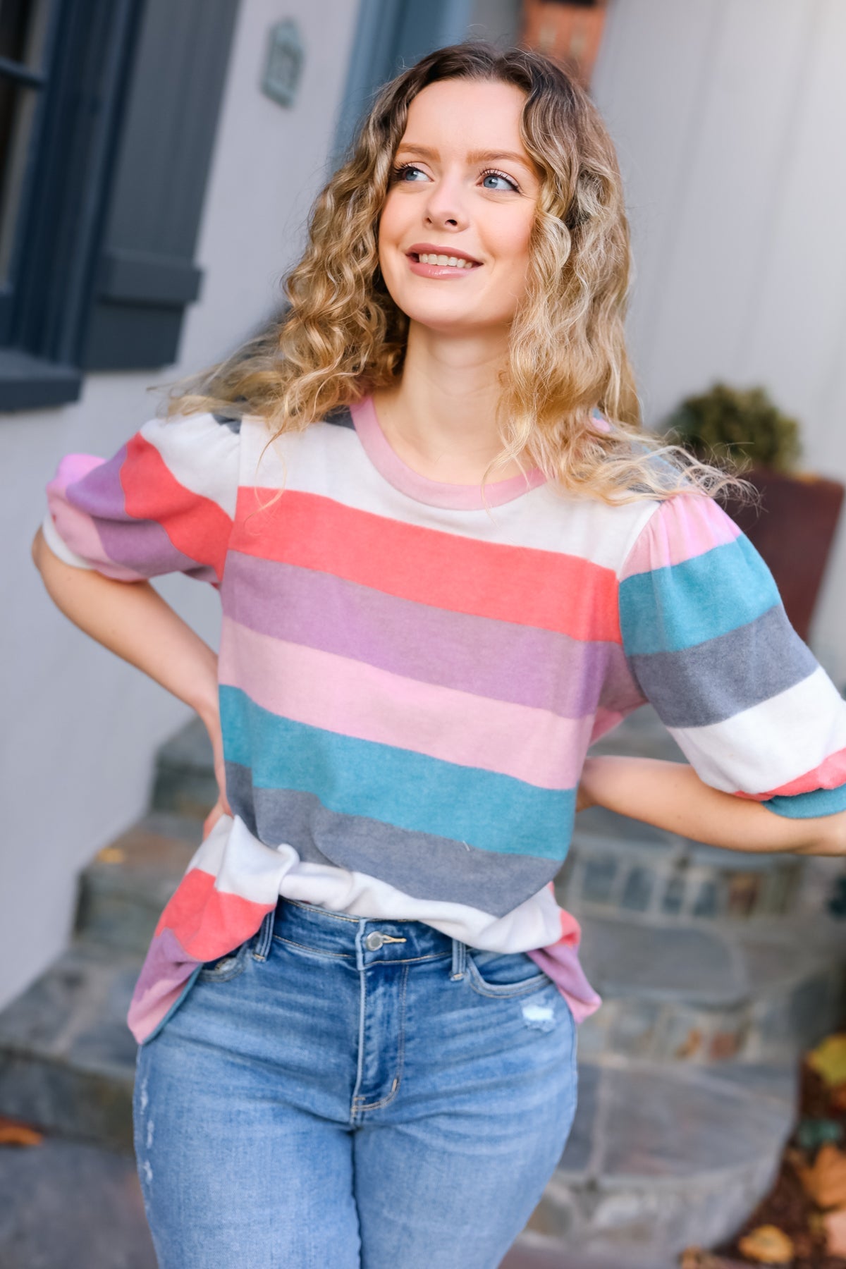 Look Out Teal & Rose Striped Hacci Knit Puff Sleeve Top - Charming Charlie