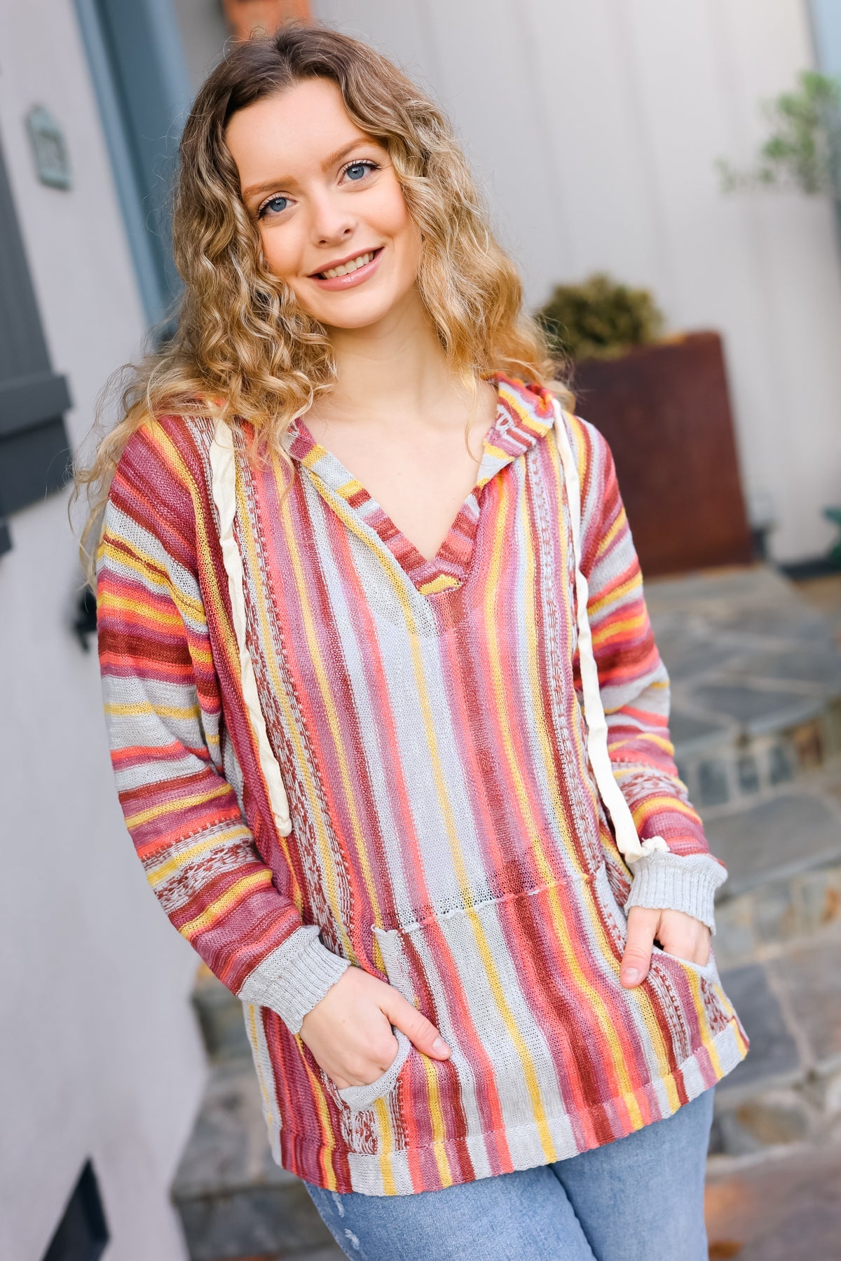 Be Bold Coral & Sienna Stripe Pullover Notched Neck Hoodie - Charming Charlie