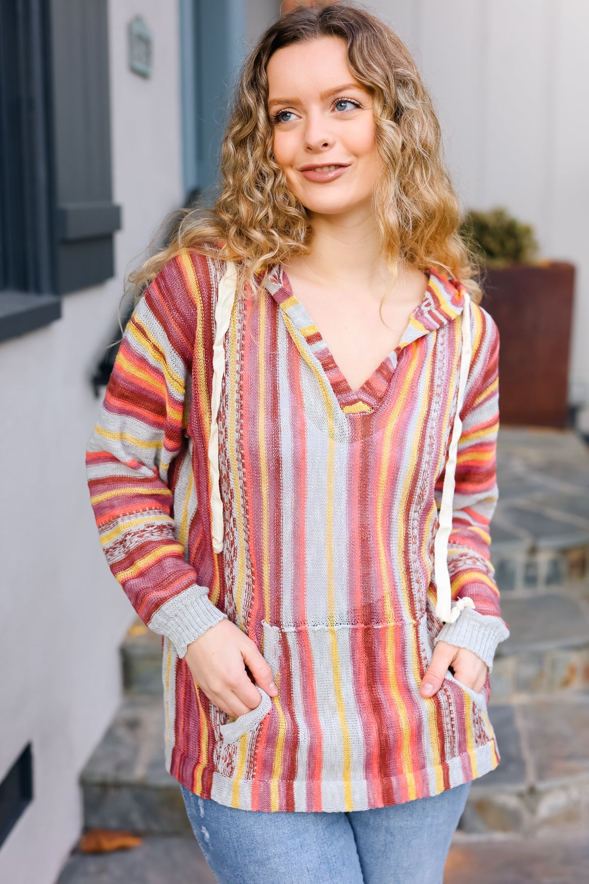 Be Bold Coral & Sienna Stripe Pullover Notched Neck Hoodie - Charming Charlie