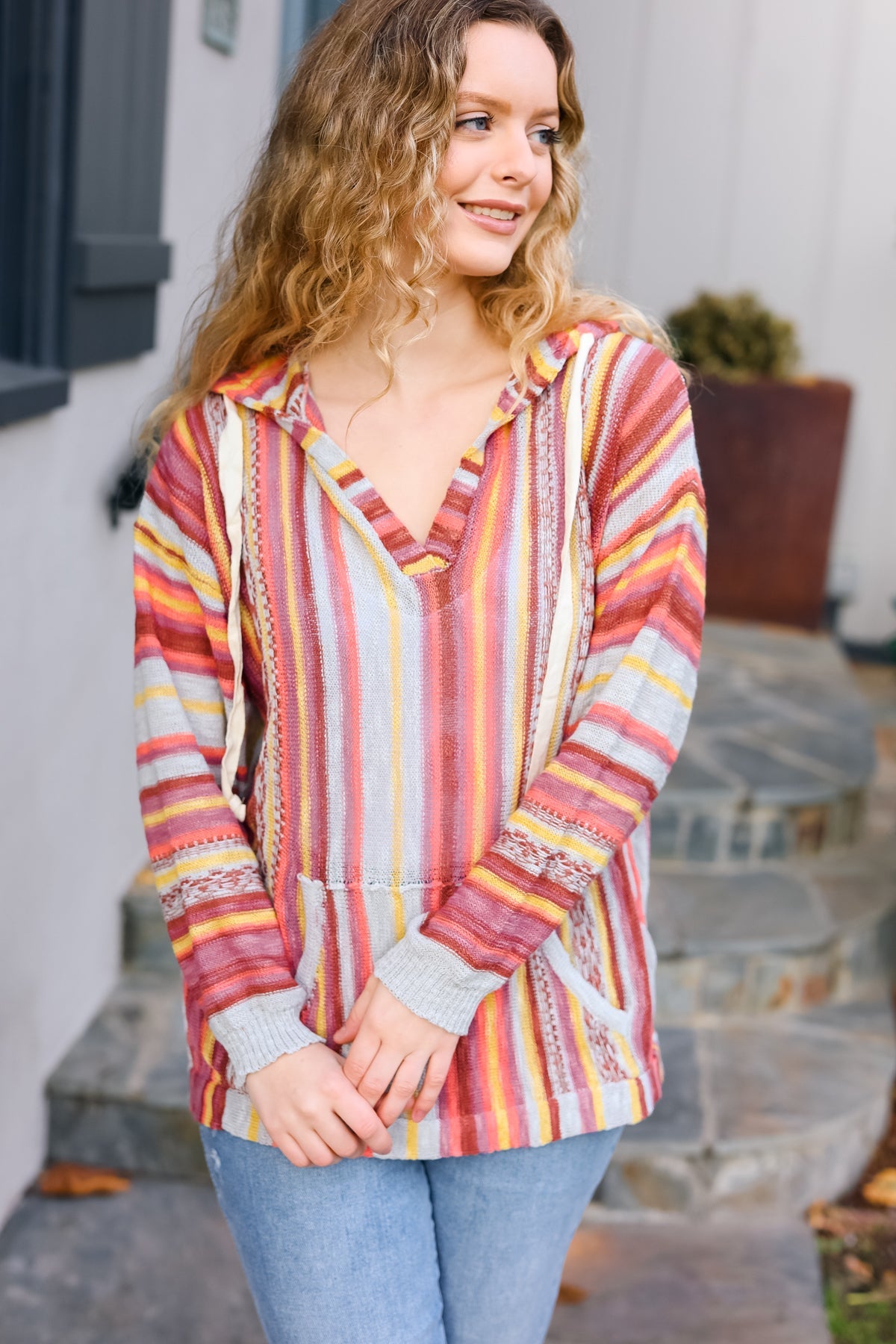 Be Bold Coral & Sienna Stripe Pullover Notched Neck Hoodie - Charming Charlie