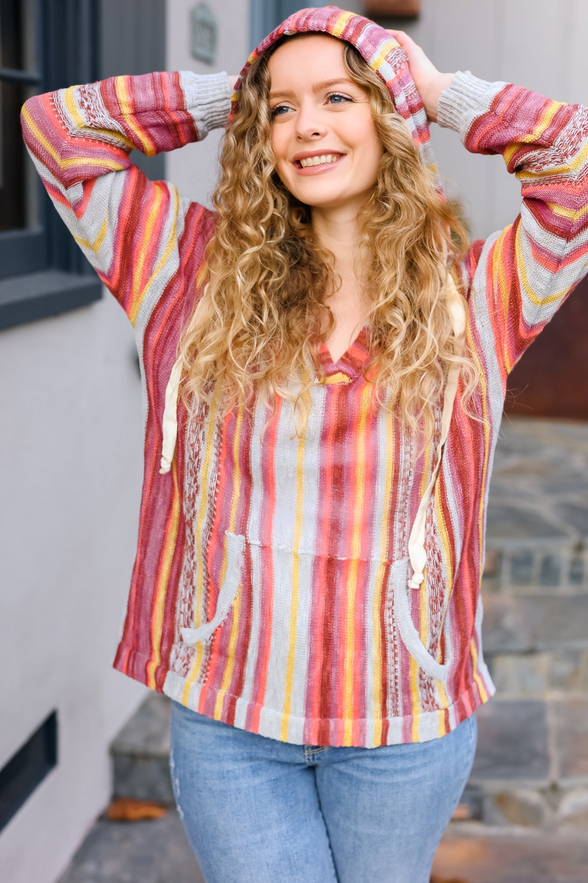 Be Bold Coral & Sienna Stripe Pullover Notched Neck Hoodie - Charming Charlie